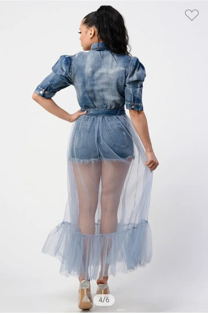 CUT OUT FRONT PUFF SLEEVE TULLE DENIM DRESS