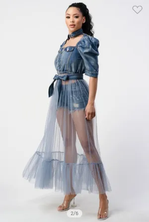 CUT OUT FRONT PUFF SLEEVE TULLE DENIM DRESS