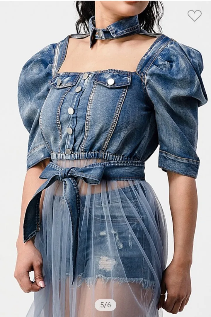 CUT OUT FRONT PUFF SLEEVE TULLE DENIM DRESS