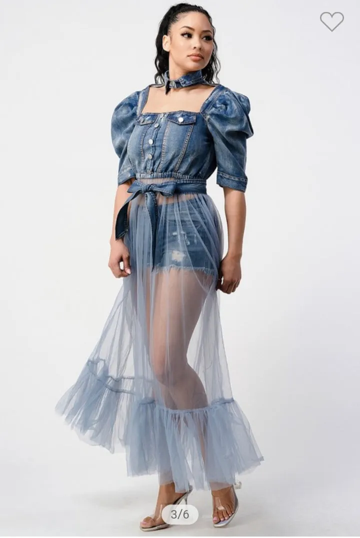 CUT OUT FRONT PUFF SLEEVE TULLE DENIM DRESS