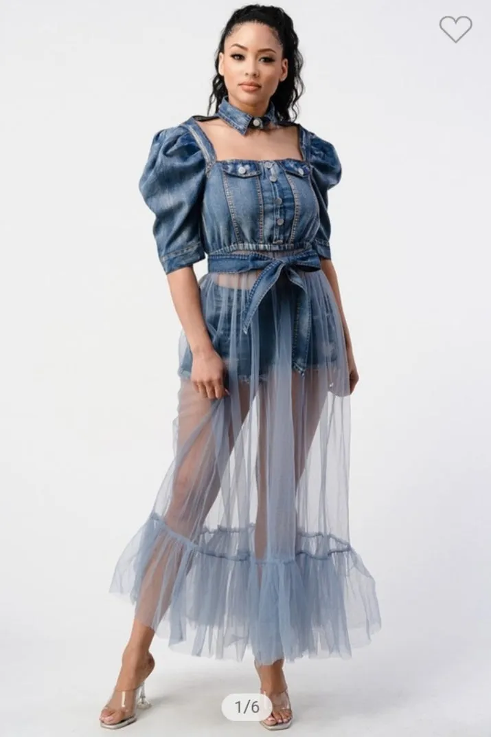 CUT OUT FRONT PUFF SLEEVE TULLE DENIM DRESS