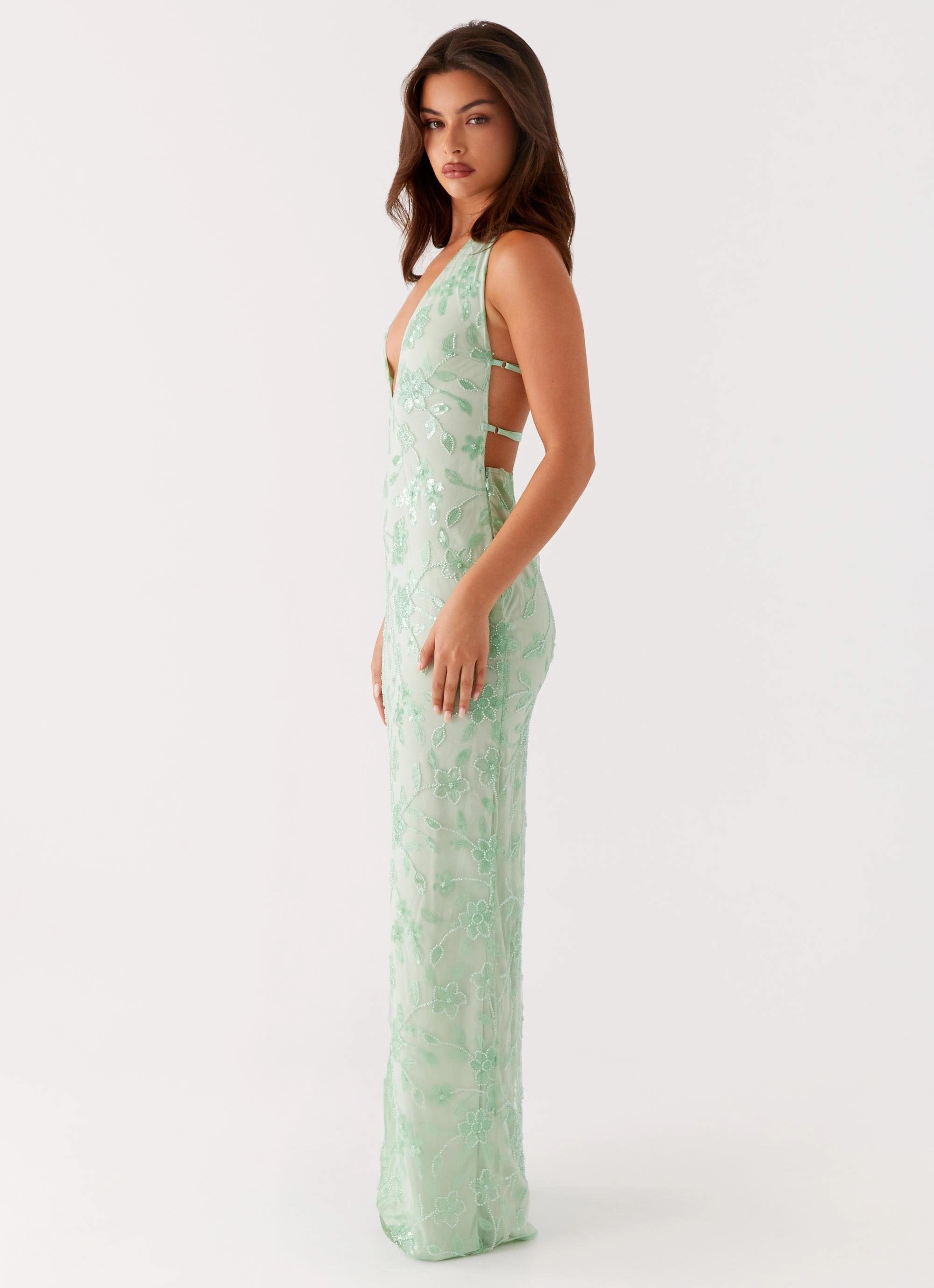 Cydney Beaded Maxi Dress - Sage Office Casual Feminine flowing piece