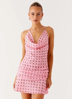 Cyna Cowl Mini Dress - Strawberry Dot Stylish Touch