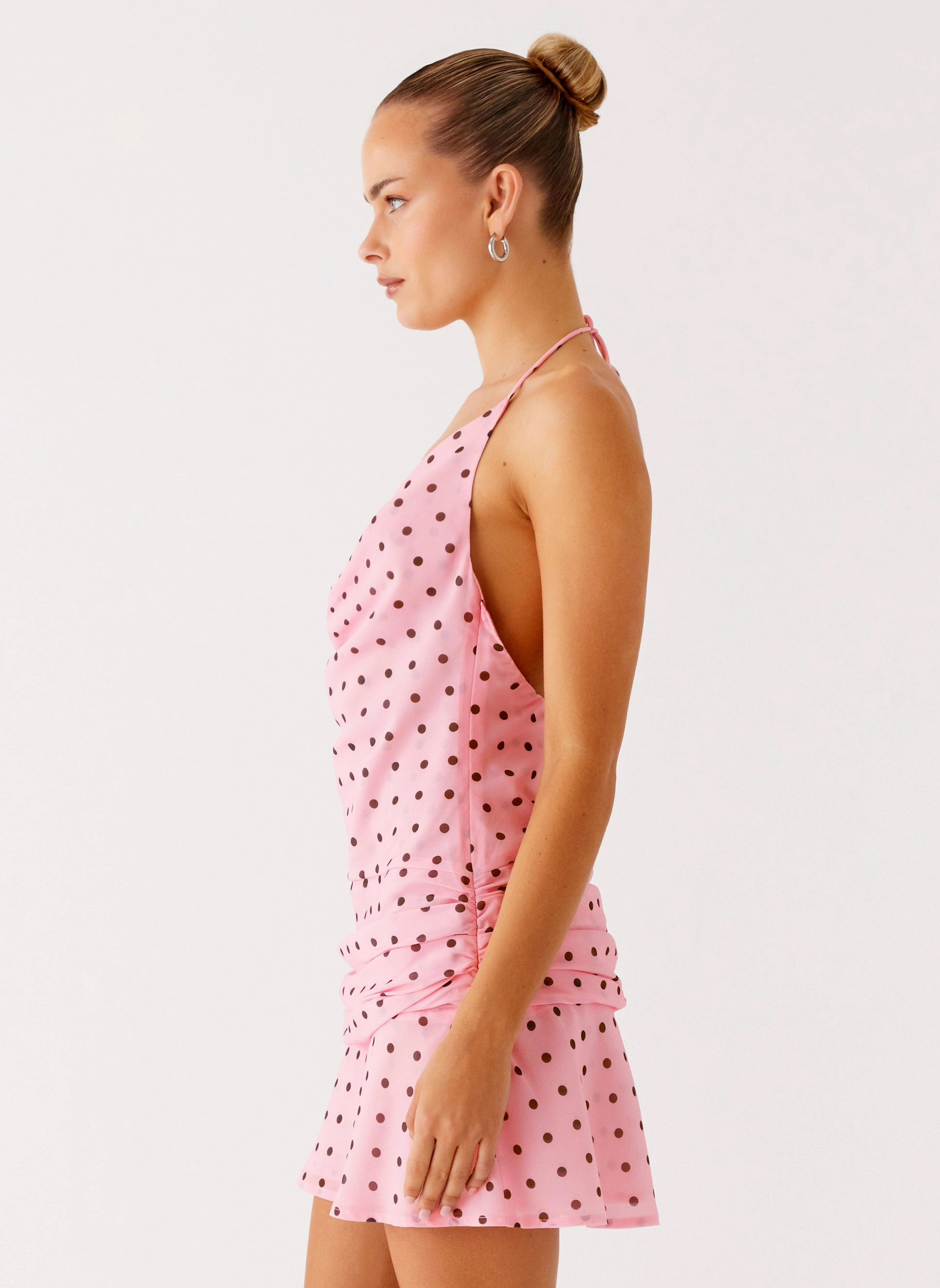 Cyna Cowl Mini Dress - Strawberry Dot Soft Mesh