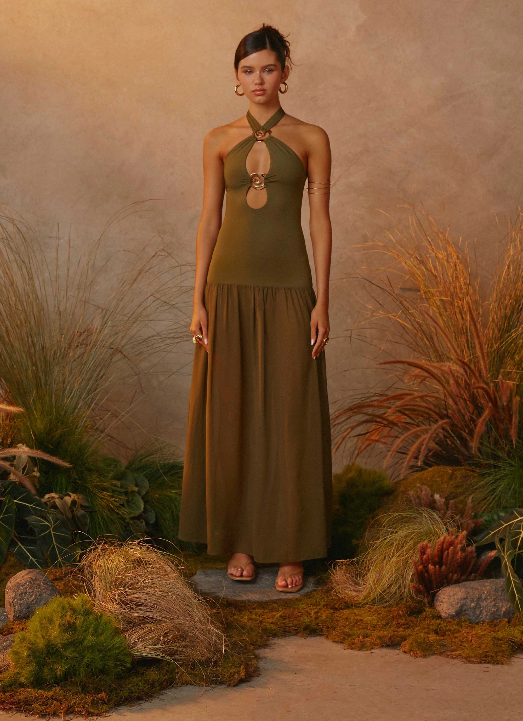 Cypress Kiss Maxi Dress - Khaki Floral design Festive Mood