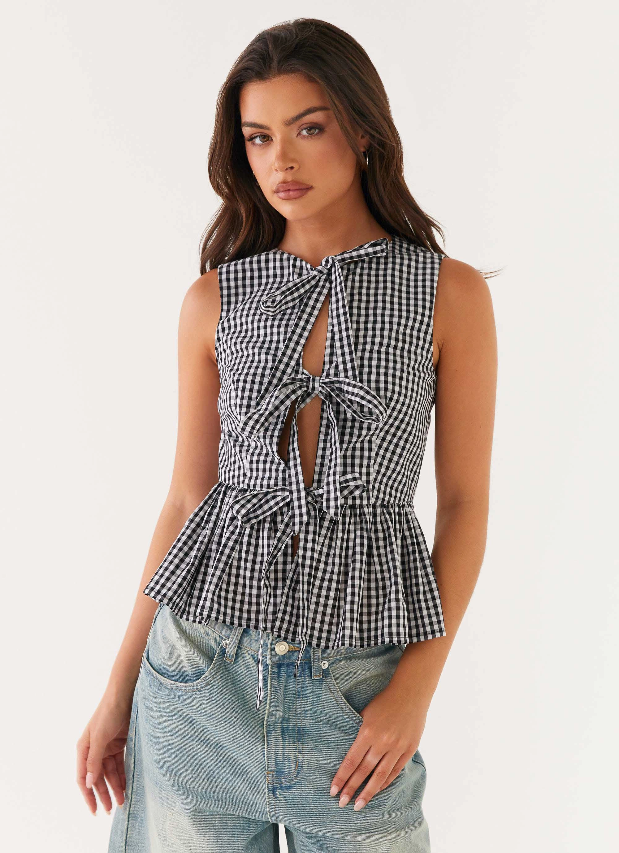 FrictionResistant Trim Cyrene Tie Top - Black Gingham
