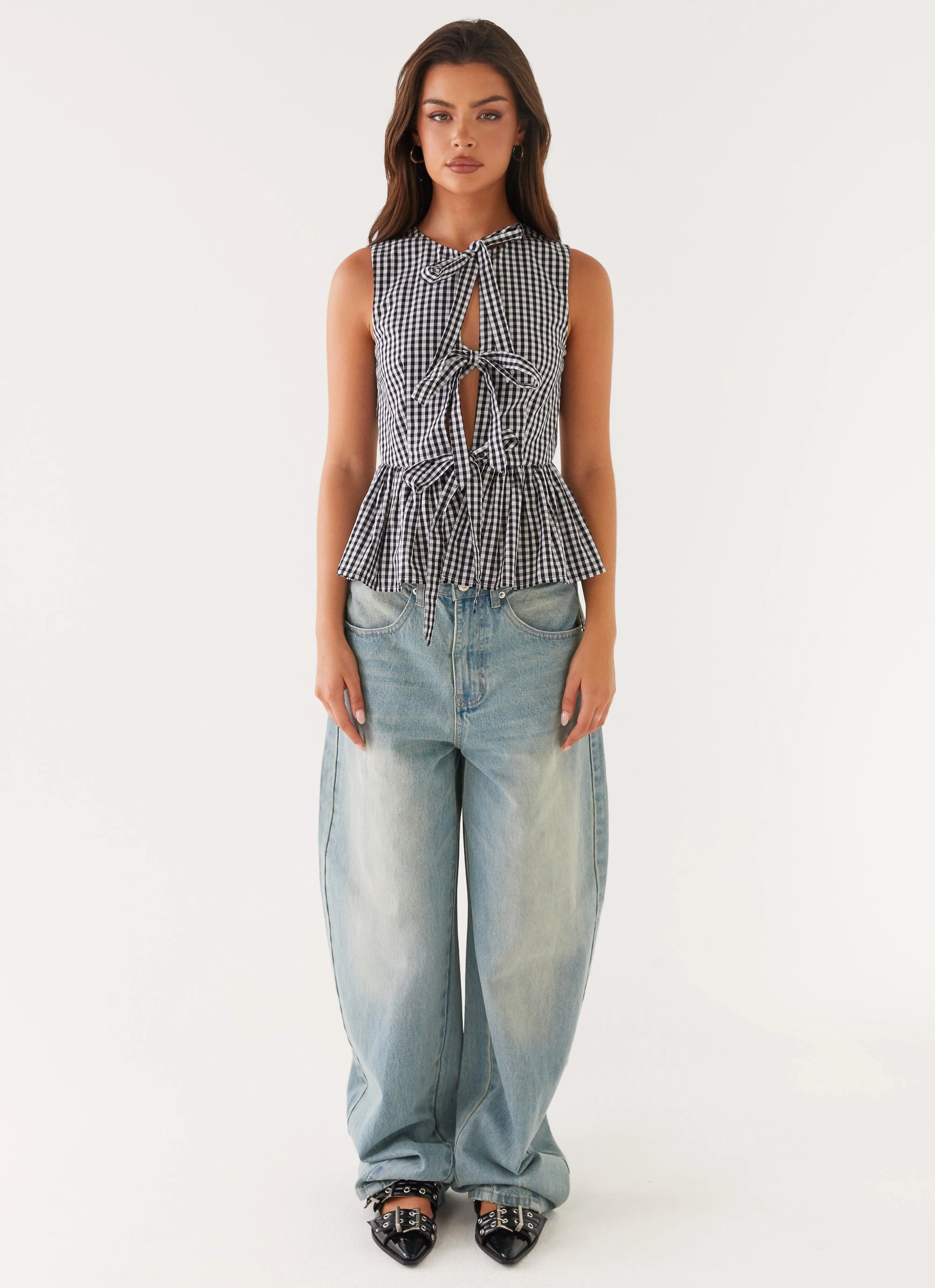 Cyrene Tie Top - Black Gingham Ventilated Back Panels