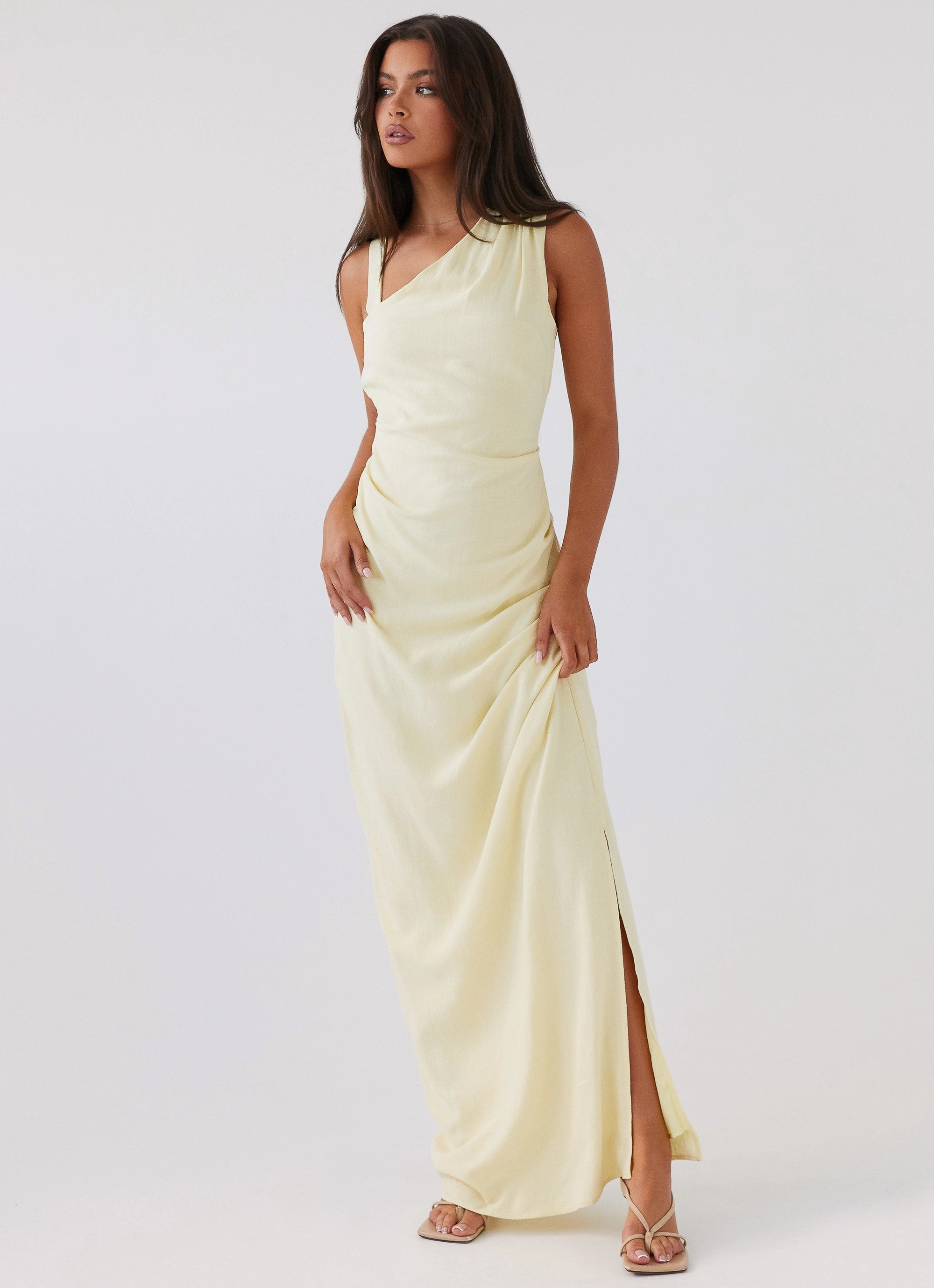 Cold-Shoulder Feminine off-the-shoulder gown Daffodil Charm Linen Maxi Dress - Sunflower Yellow