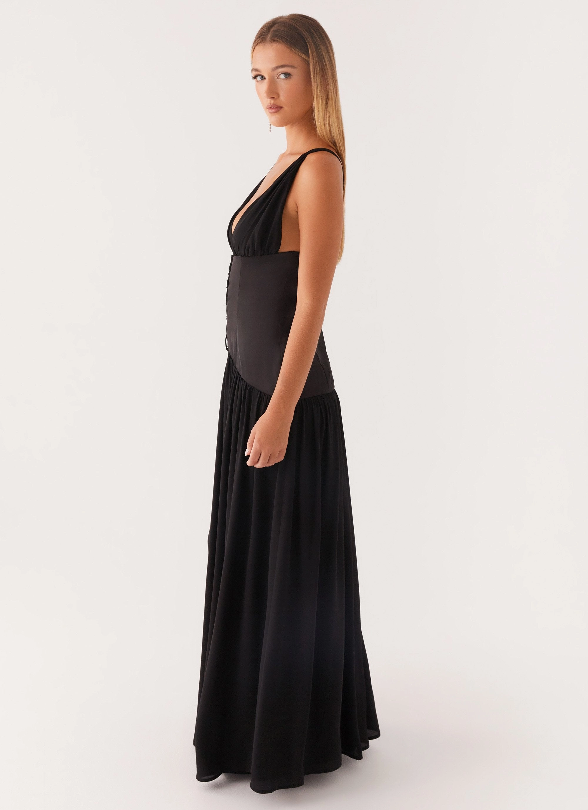 Dafina Satin Maxi Dress - Black Soft Composition