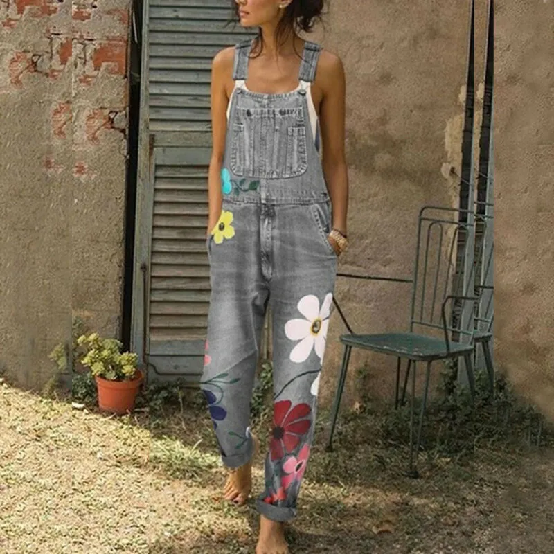 Daisy Painted Overalls Dark Denim Faded Or Gray Boho Jeans Jumpsuit Romper Available In Sizes Small Medium Large XL And Plus Sizes 2X 3X 4X And 5X