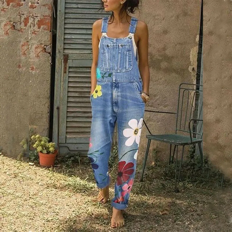 Daisy Painted Overalls Dark Denim Faded Or Gray Boho Jeans Jumpsuit Romper Available In Sizes Small Medium Large XL And Plus Sizes 2X 3X 4X And 5X