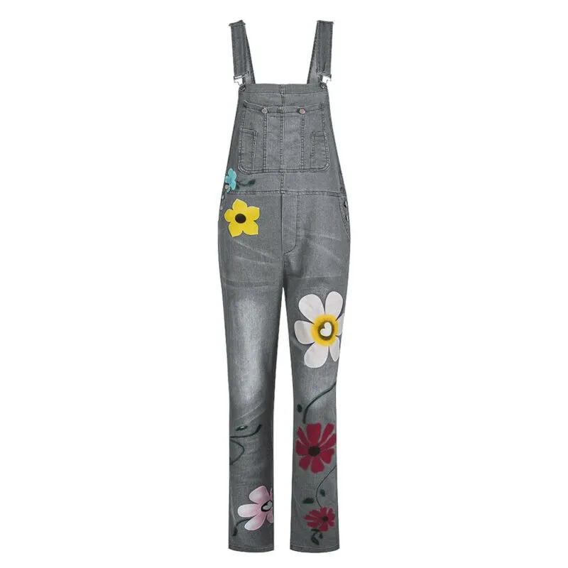 Daisy Painted Overalls Dark Denim Faded Or Gray Boho Jeans Jumpsuit Romper Available In Sizes Small Medium Large XL And Plus Sizes 2X 3X 4X And 5X