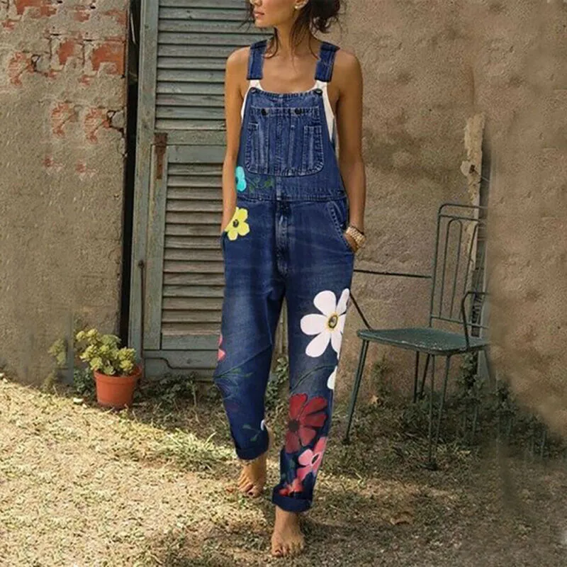 Daisy Painted Overalls Dark Denim Faded Or Gray Boho Jeans Jumpsuit Romper Available In Sizes Small Medium Large XL And Plus Sizes 2X 3X 4X And 5X
