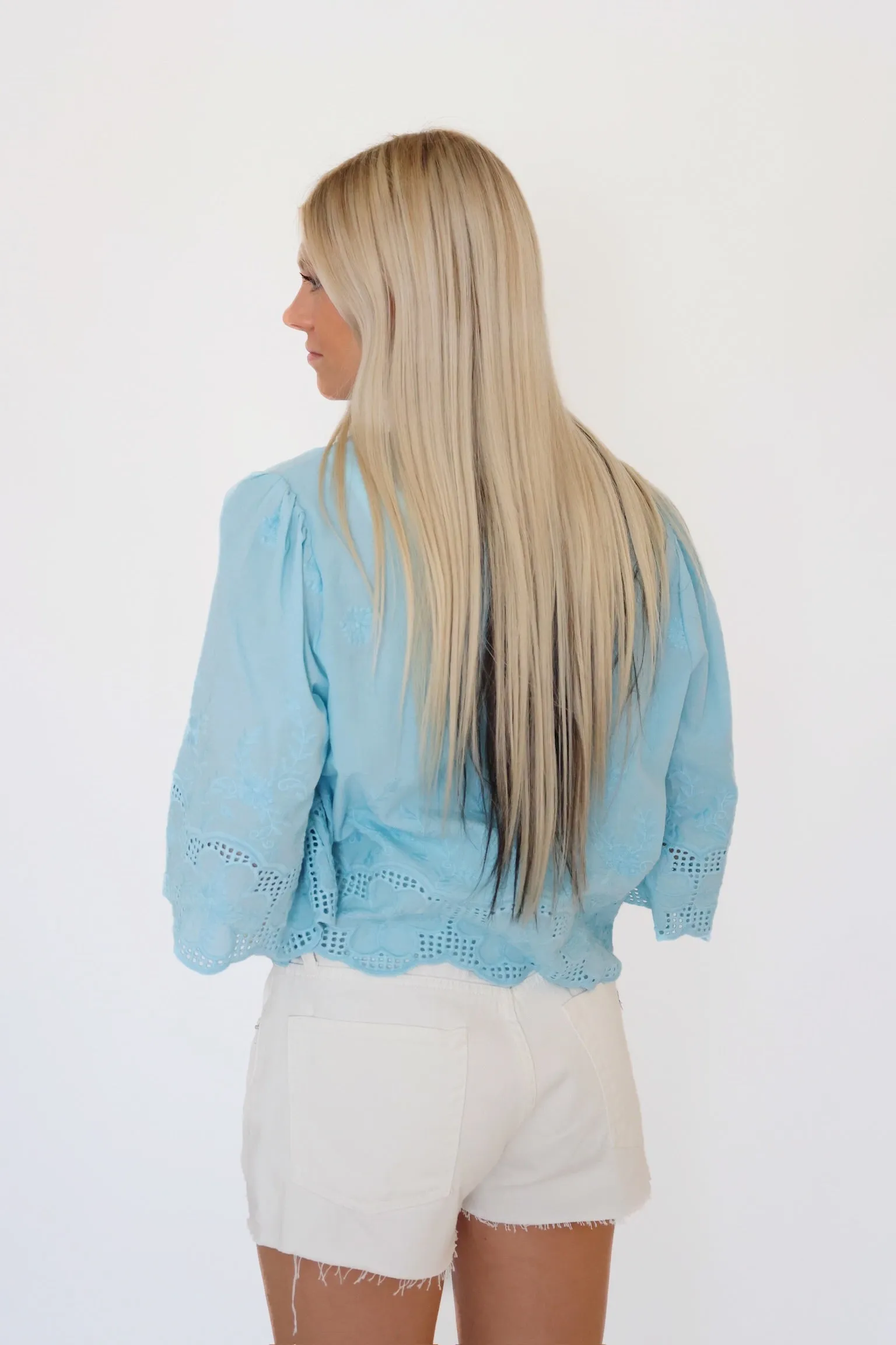 Daisy Tie Front Blouse- Sky RibbedCollar