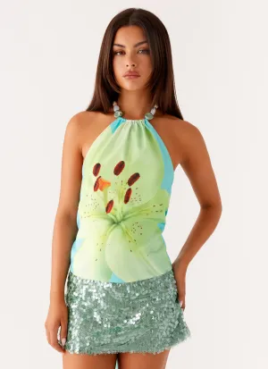 Dalila Beaded Tie Back Top - Turquoise Floral StretchMaterial Stain Repellent Coating AbrasionResistant