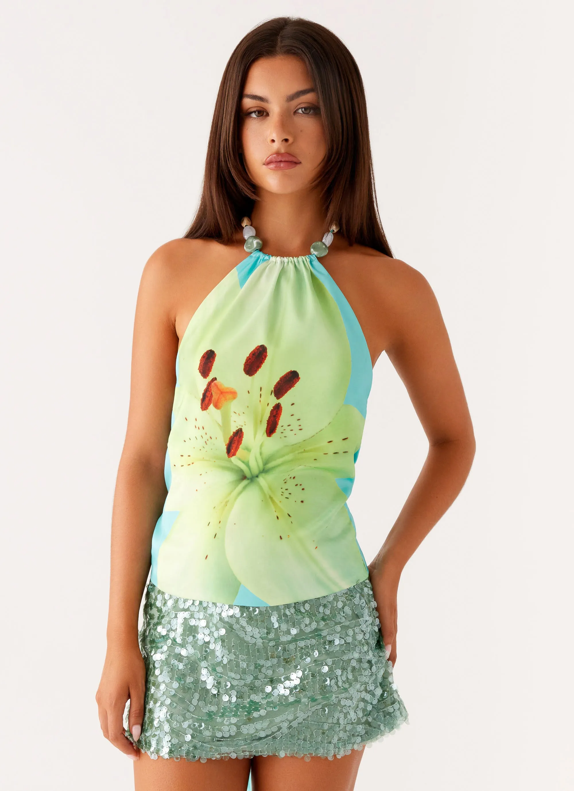 Dalila Beaded Tie Back Top - Turquoise Floral StretchMaterial Stain Repellent Coating AbrasionResistant