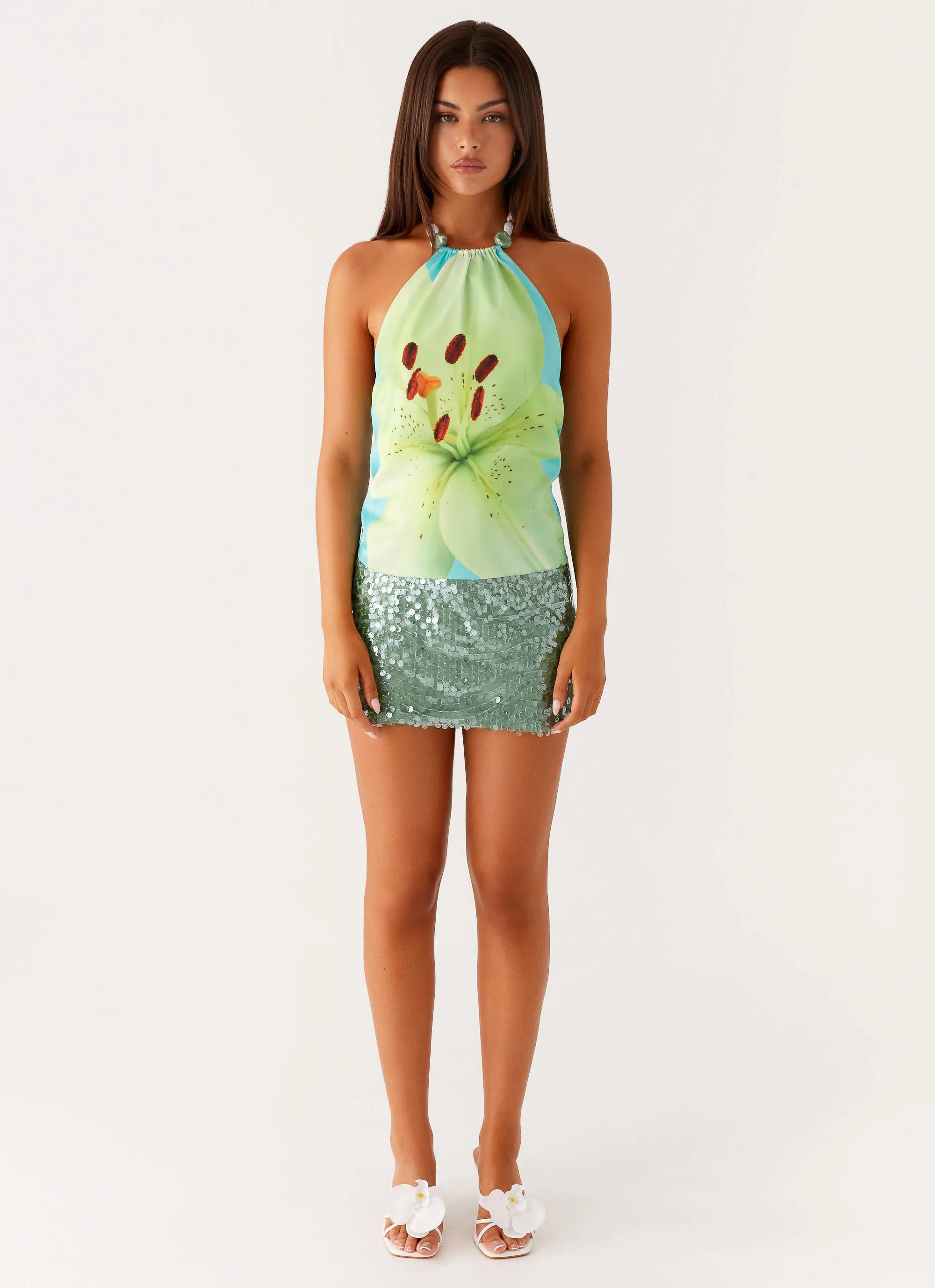 AntiStatic Weave Dalila Beaded Tie Back Top - Turquoise Floral StretchMaterial