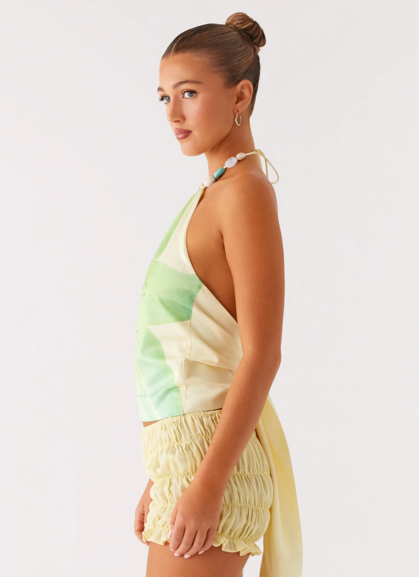 Dalila Beaded Tie Back Top - Yellow Floral QuickDry Performance Trendy Sweater