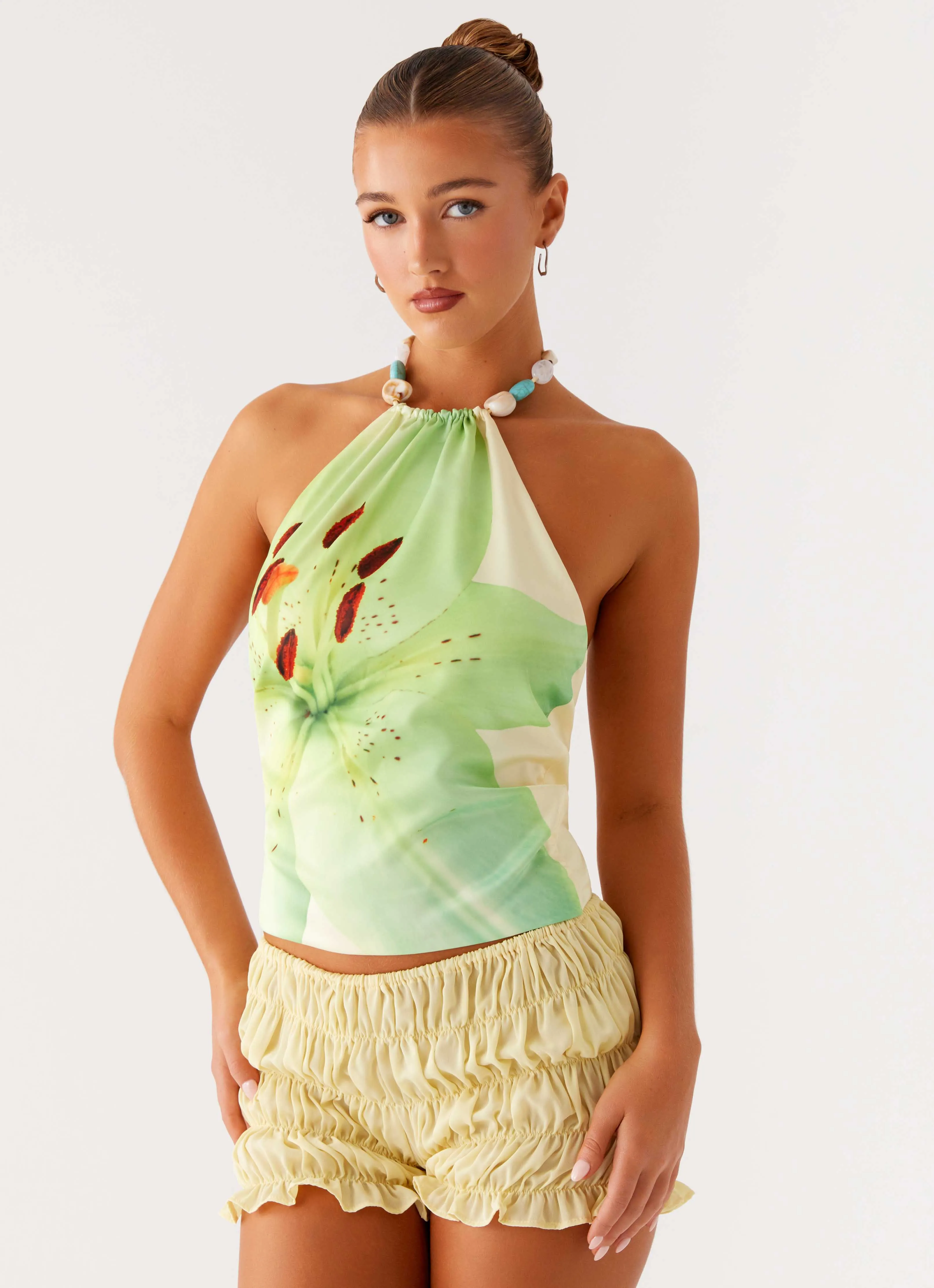 Dalila Beaded Tie Back Top - Yellow Floral DoubleLayered Neckline SleevelessOption