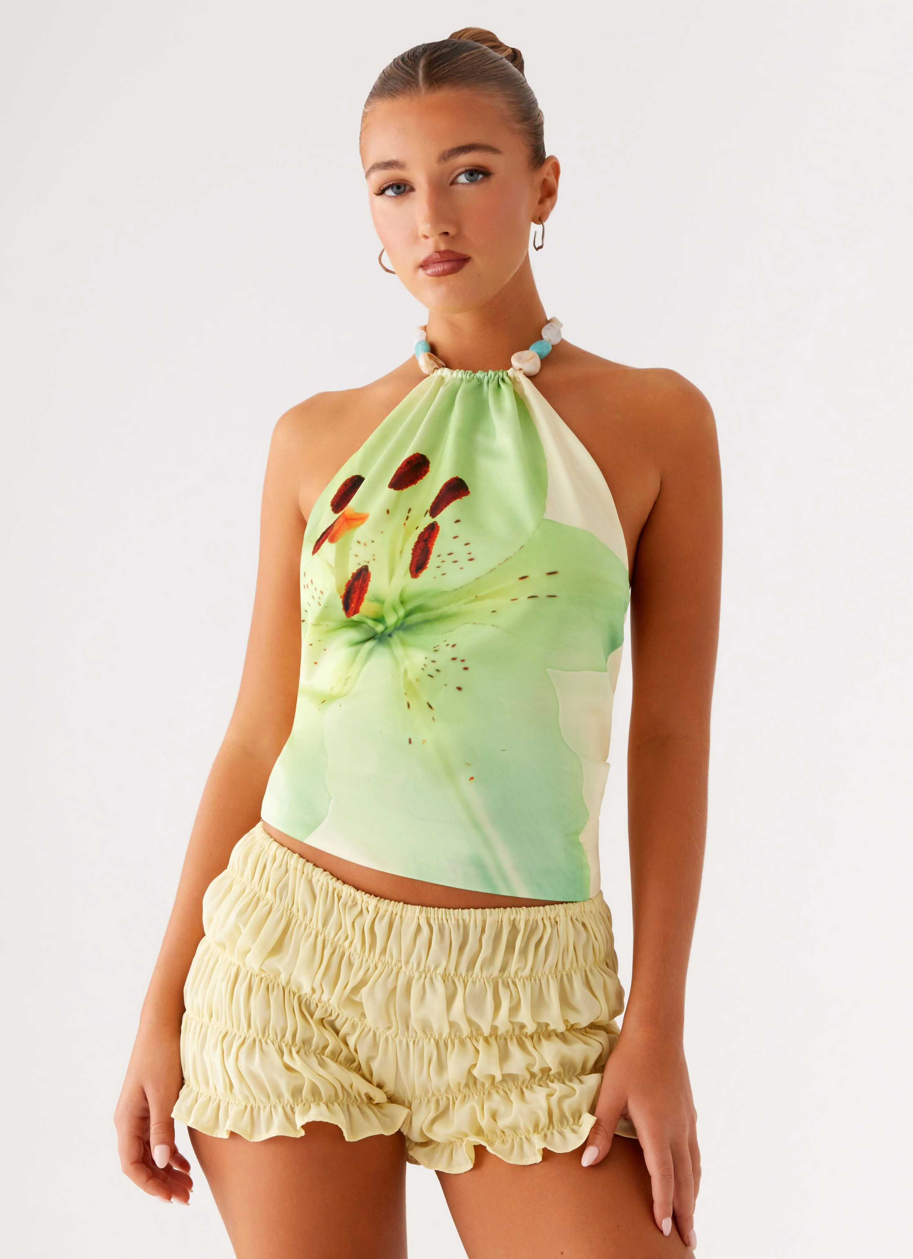 Dalila Beaded Tie Back Top - Yellow Floral Compact Weave Fabric Odor Neutralizing Technology