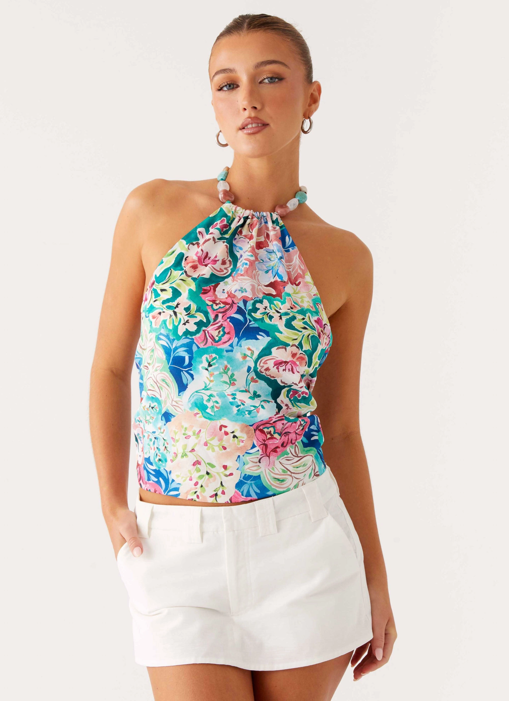 Friction Resistant Finish Dalila Beaded Tie Back Top - Santorini Floral