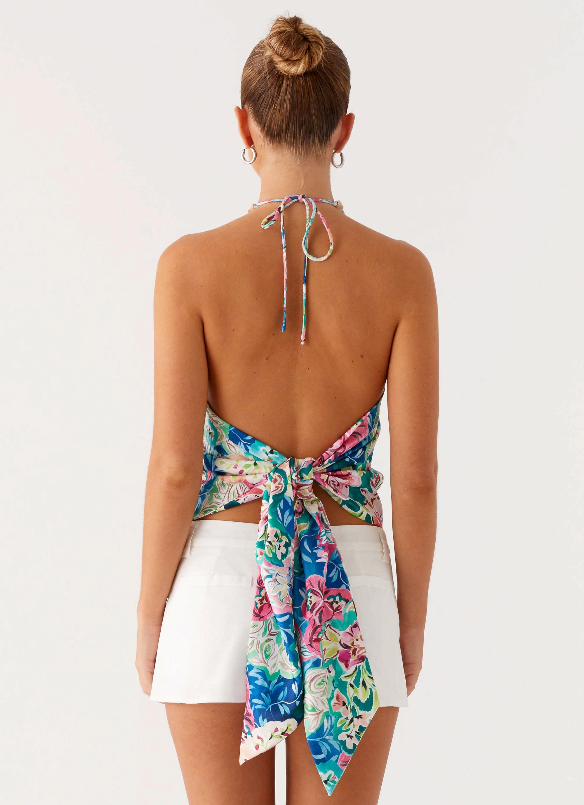 Dalila Beaded Tie Back Top - Santorini Floral LightweightLayeredFabric HighDensityFoam