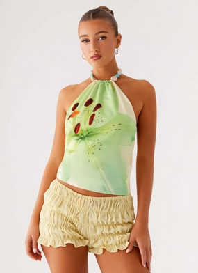 Dalila Beaded Tie Back Top - Yellow Floral Compact Weave Fabric Odor Neutralizing Technology