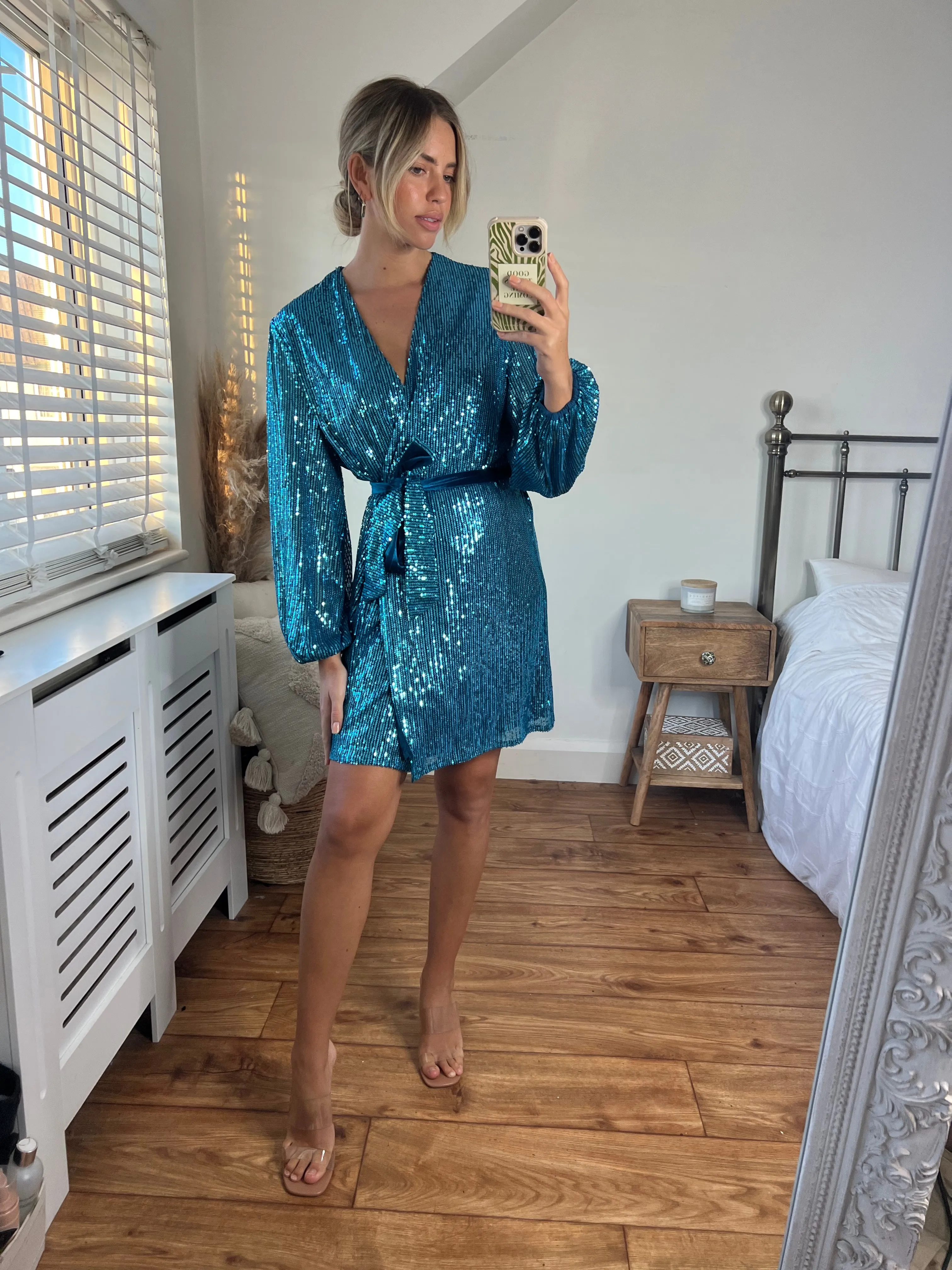 Premium Material Layered Wear Dani Sequin Wrap Dress / Peacock Blue