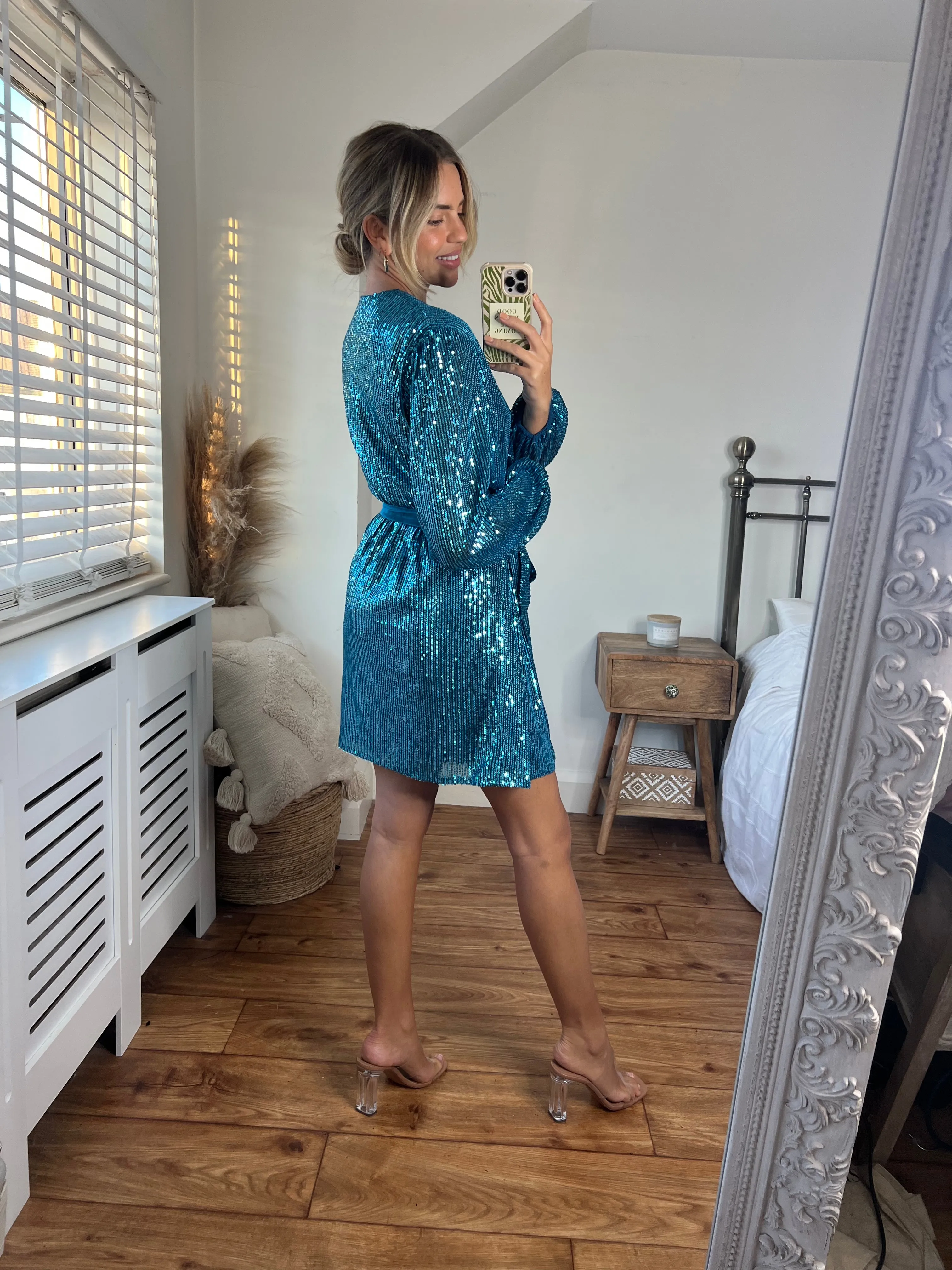 Dani Sequin Wrap Dress / Peacock Blue PlushLining