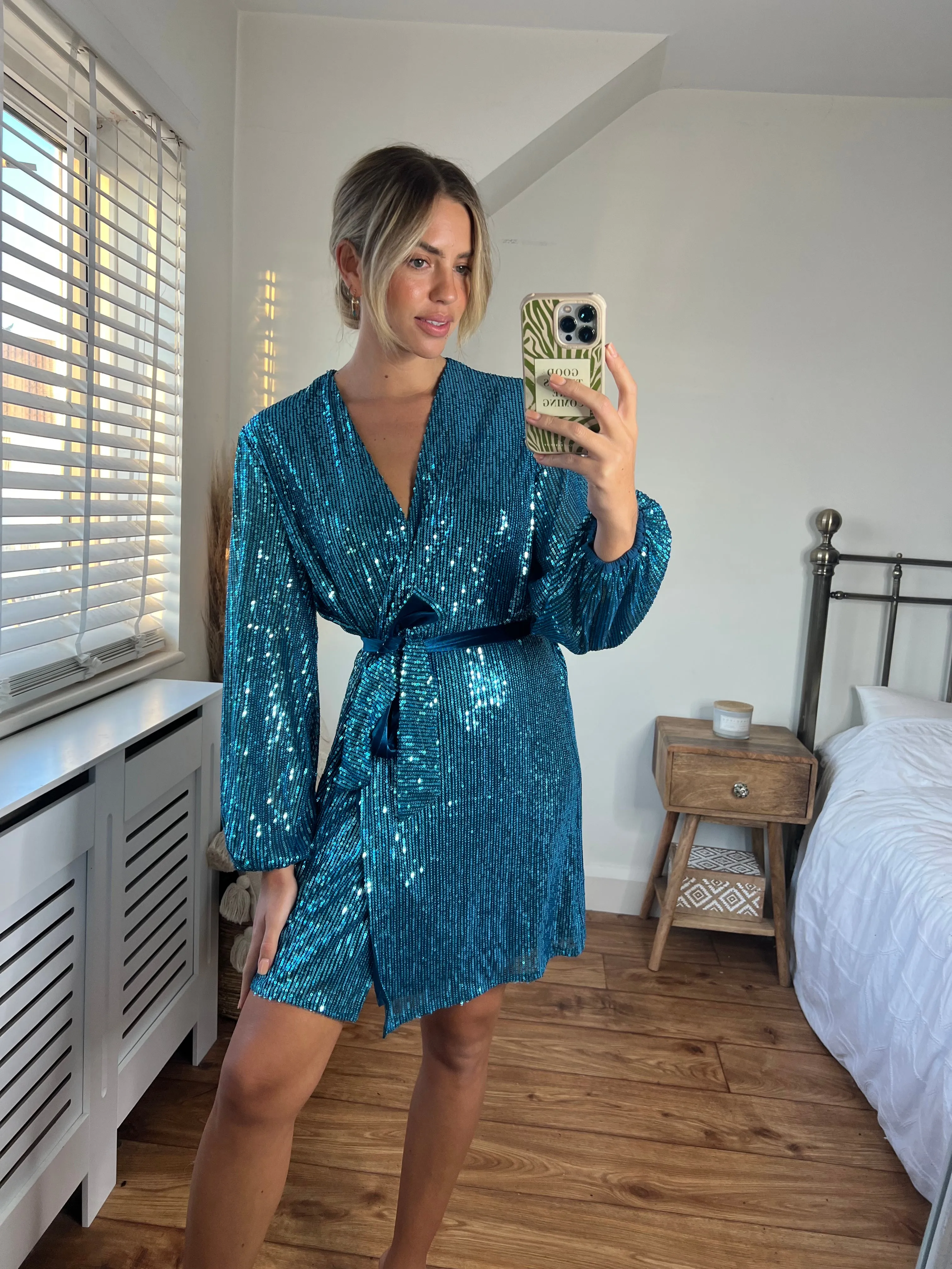 Dani Sequin Wrap Dress / Peacock Blue Ceremony Ready Wide Swing