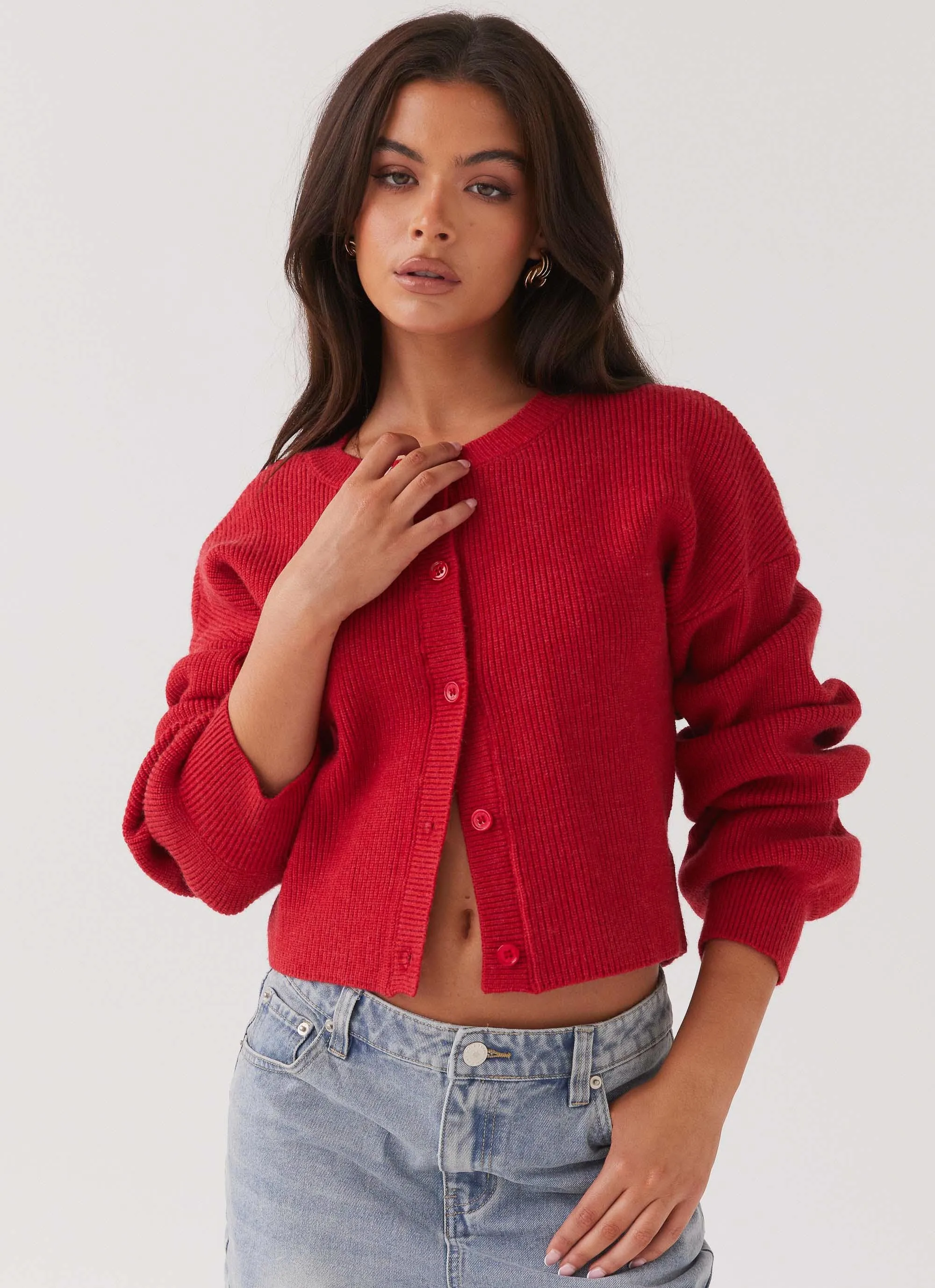 Quick Release Fasteners High Neck Design Daphne Knit Cardigan - Cherry