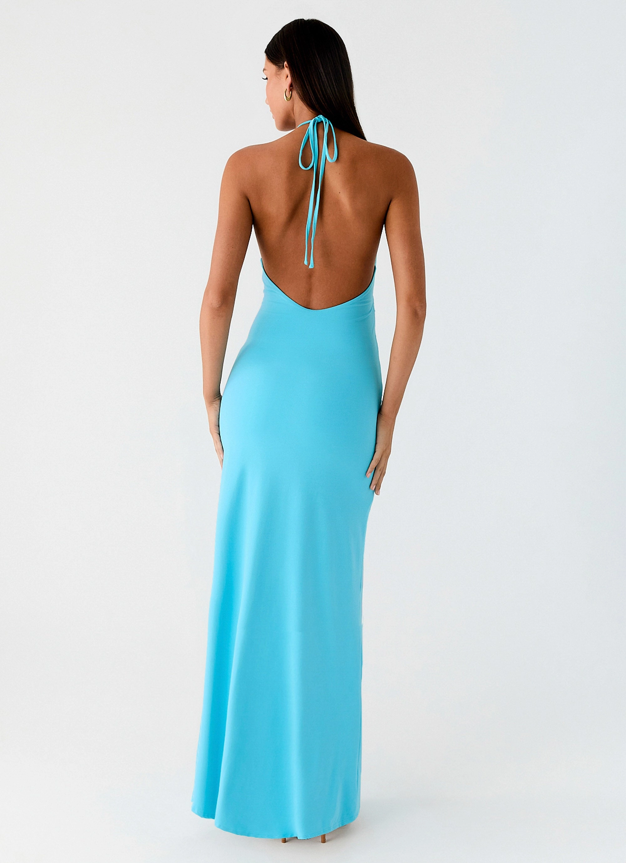 Silky Surface Dare Me Halter Maxi Dress - Aqua Blue