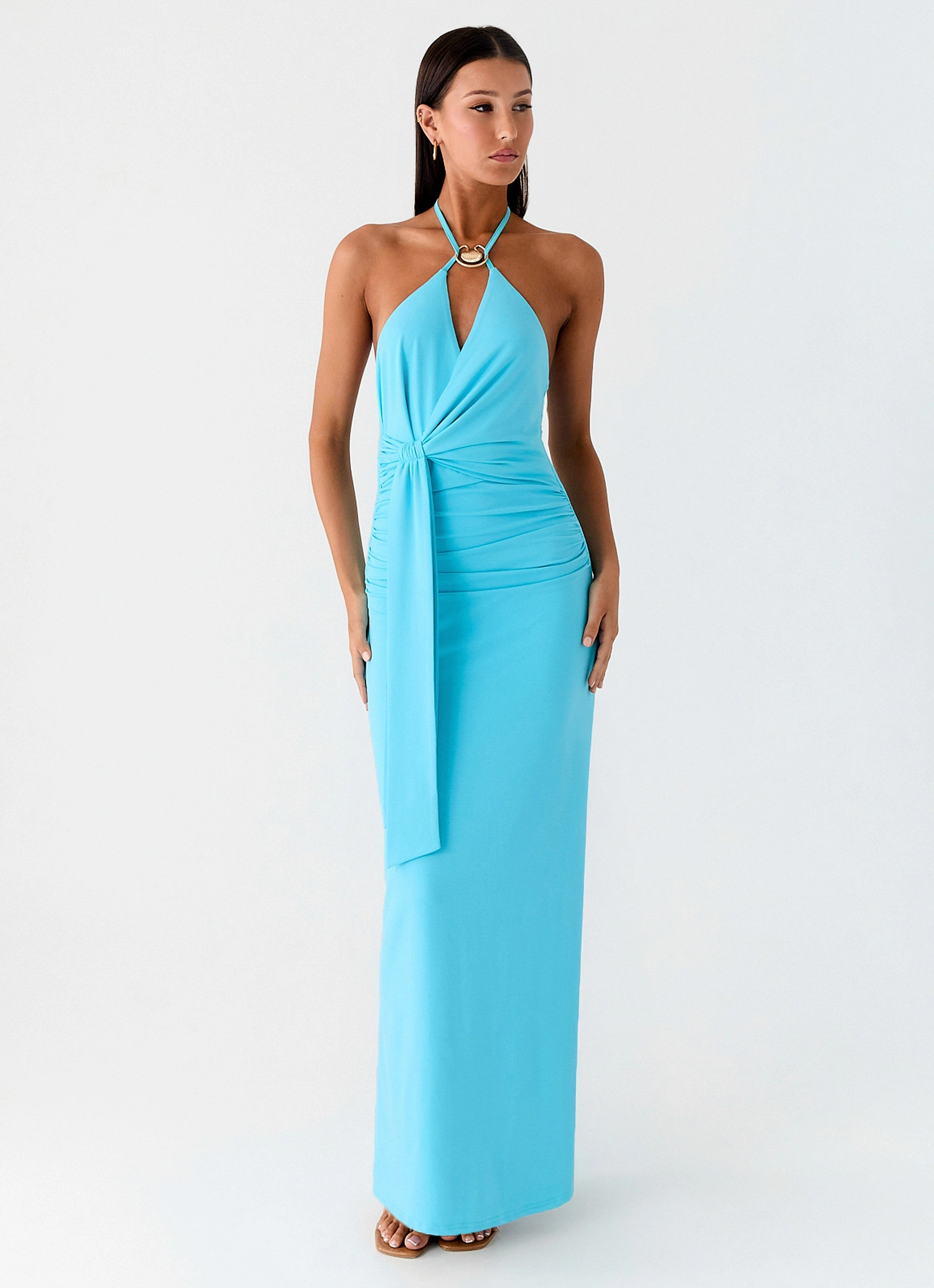 Cotton-Blend Balanced Tones Dare Me Halter Maxi Dress - Aqua Blue
