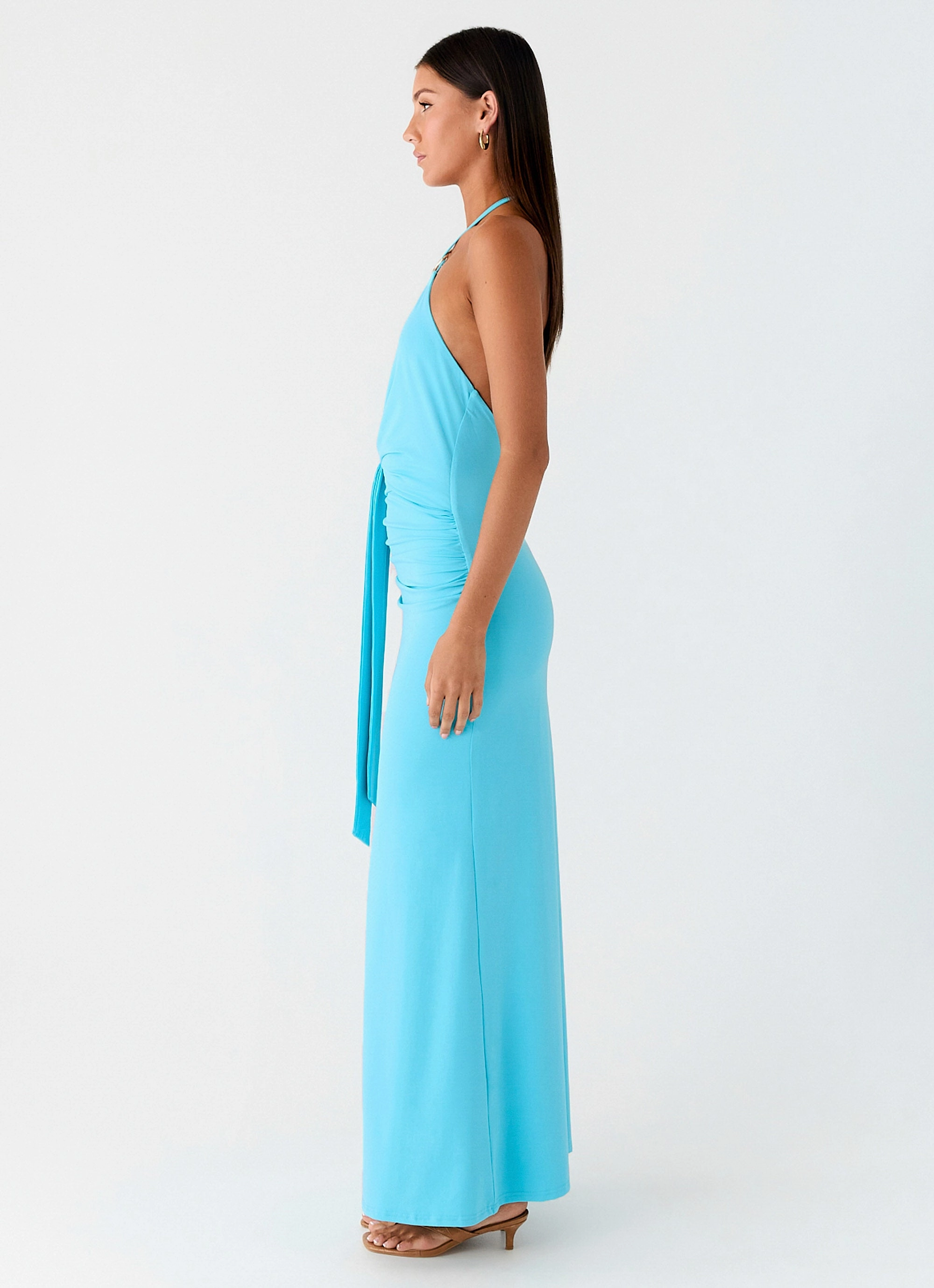 Flap-Detail Soft Texture Dare Me Halter Maxi Dress - Aqua Blue