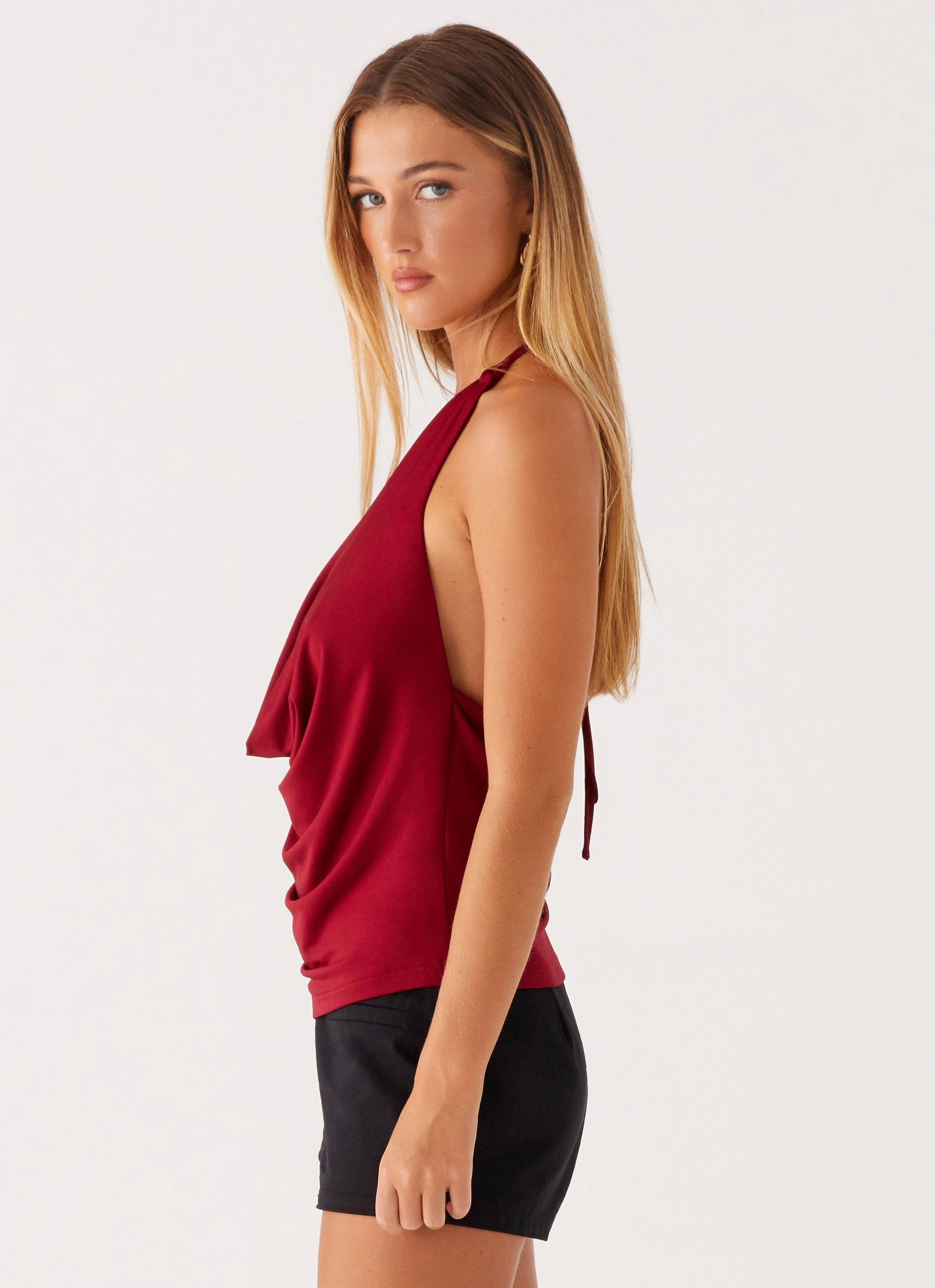 Dasha Cowl Top - Red Lightweight Weave Quick Dry Technology