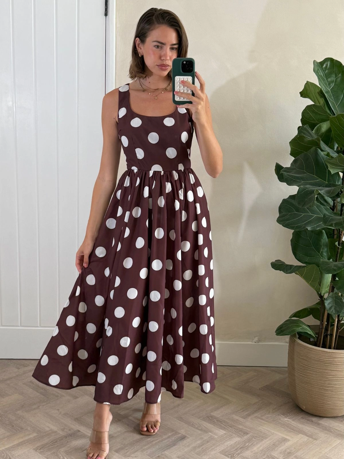 Comfort Stretch Smart Layer Davica Chocolate Brown and Cream Polka Dot Midi Dress