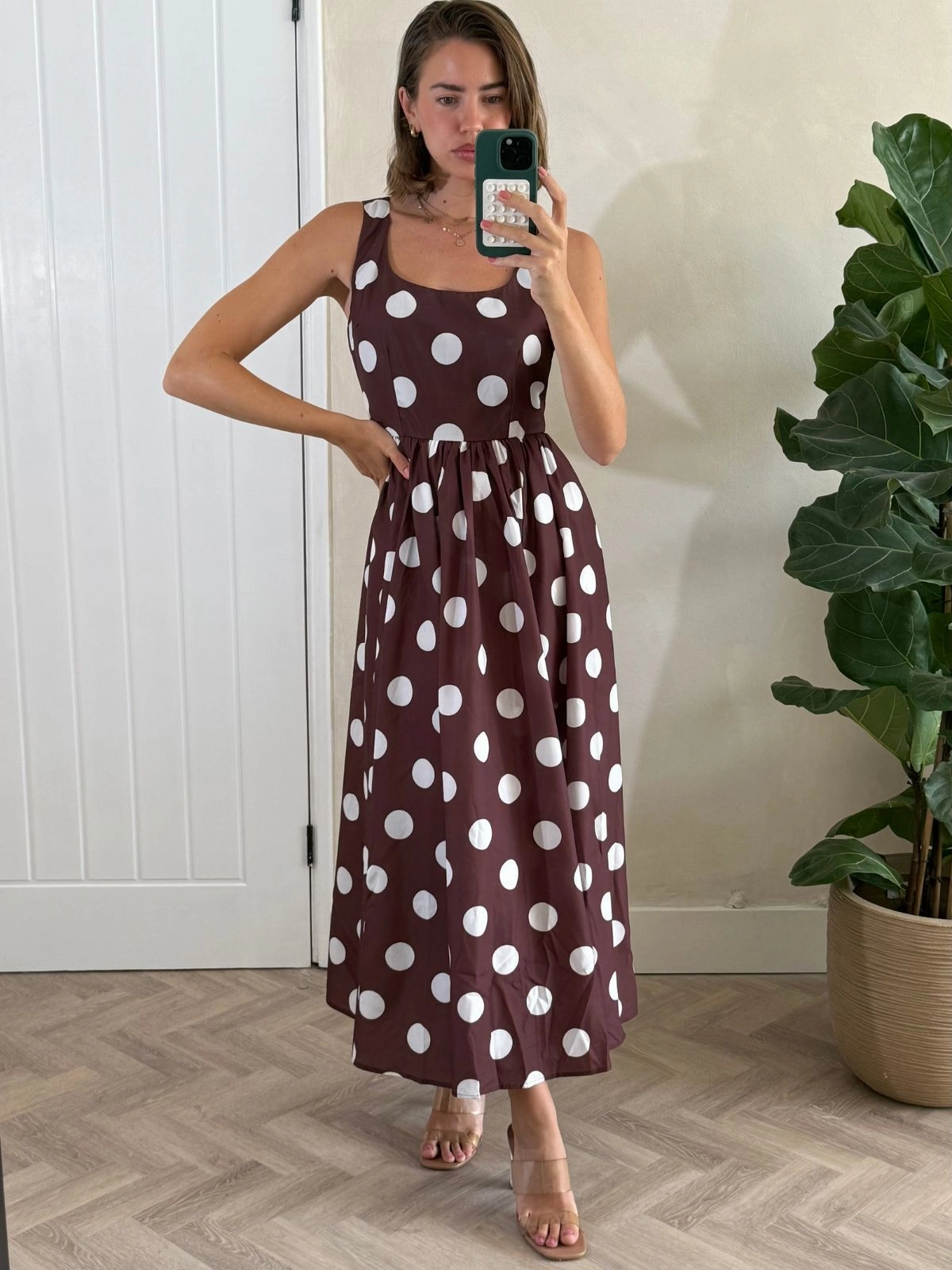 Davica Chocolate Brown and Cream Polka Dot Midi Dress Signature-Style Chill Friendly