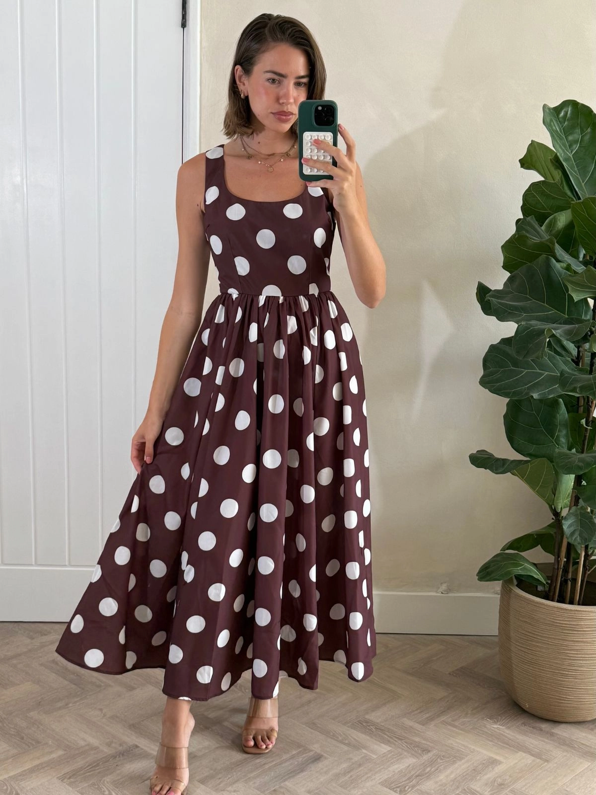 BreathableLining Davica Chocolate Brown and Cream Polka Dot Midi Dress