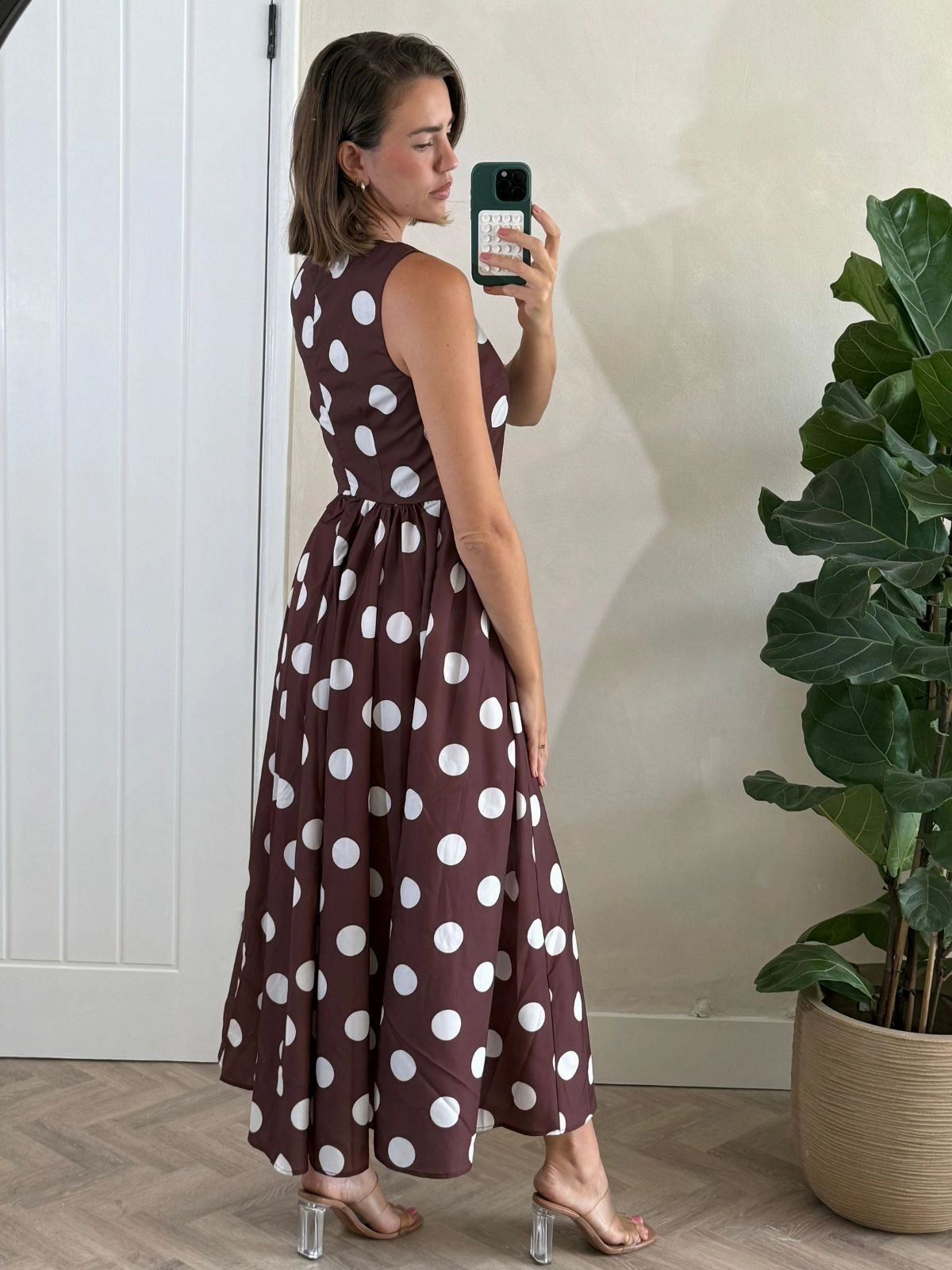 Office Smart Playful Cut Davica Chocolate Brown and Cream Polka Dot Midi Dress