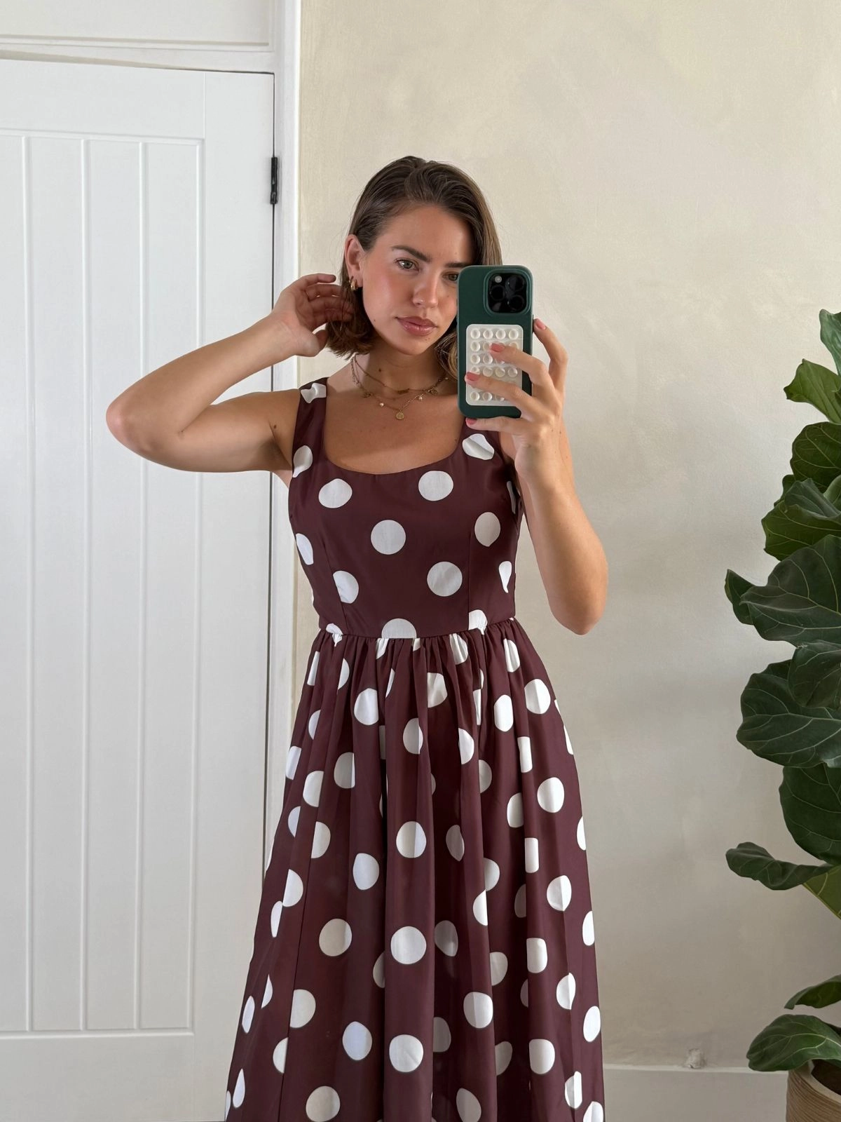 Nature Glow City Style Davica Chocolate Brown and Cream Polka Dot Midi Dress