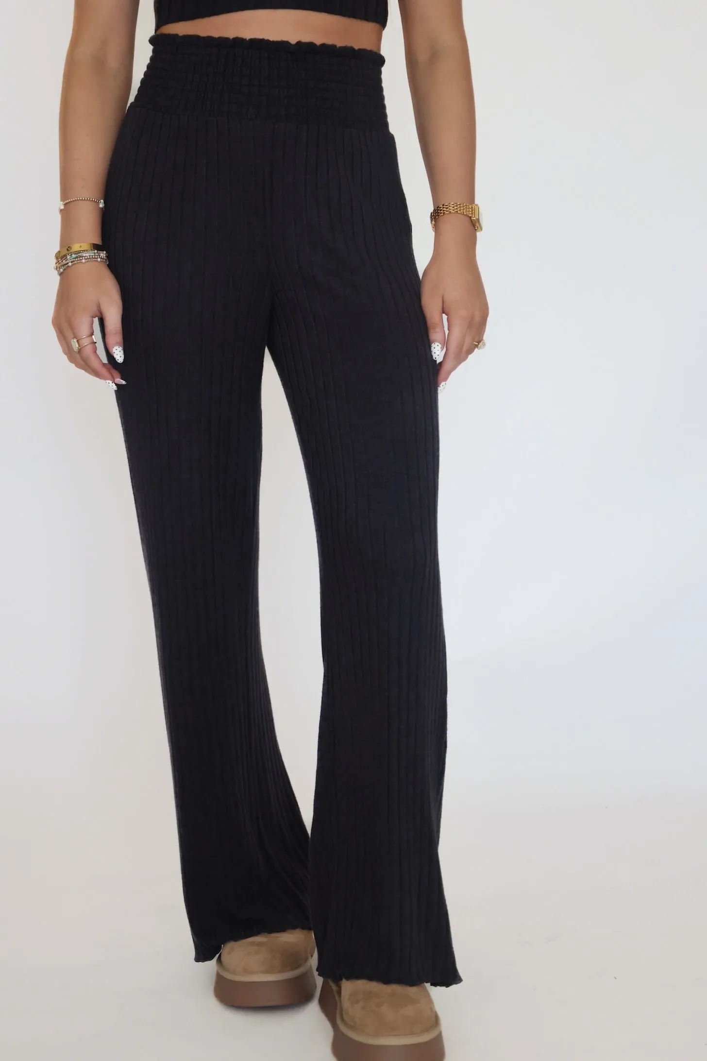 Dawn Smocked Rib Pant - Black Sand Casual Fit Design