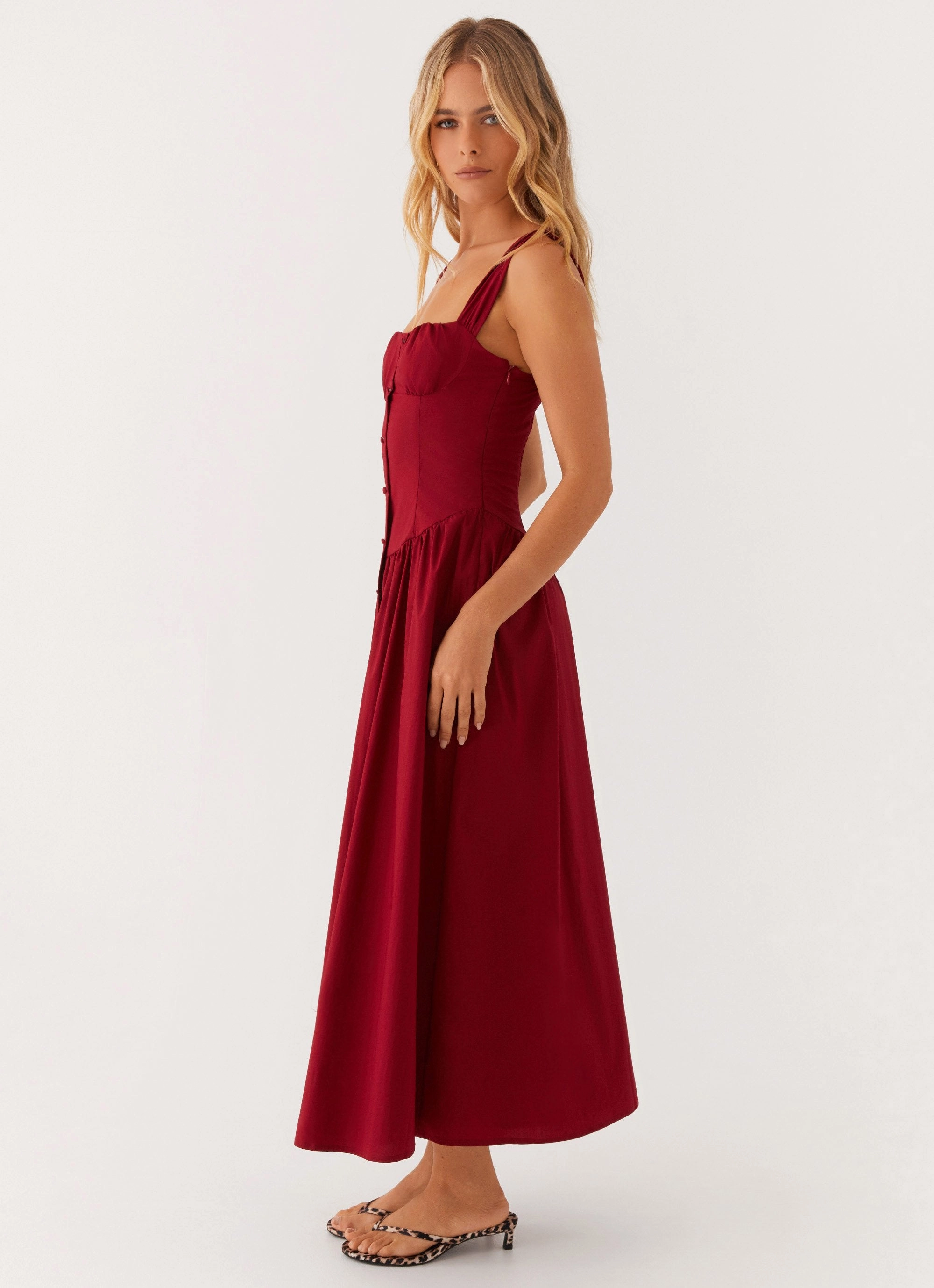 Emmalina Midi Dress - Deep Red Earth Colors One-Shoulder