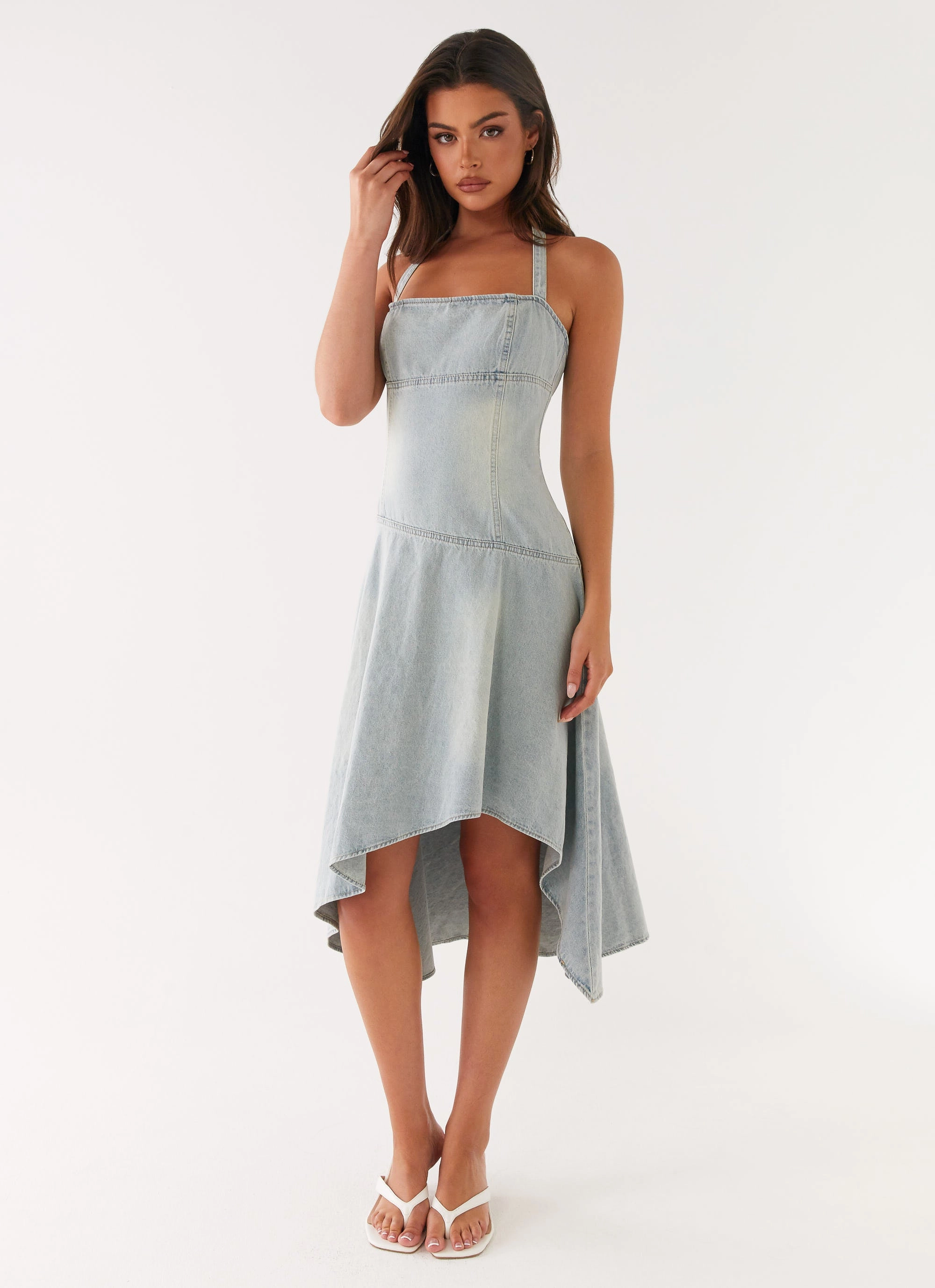 Tanisha Denim Midi Dress - Washed Blue Office Fit