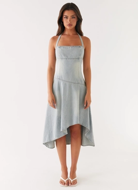 Tanisha Denim Midi Dress - Washed Blue Pleated-Texture Loose Flow