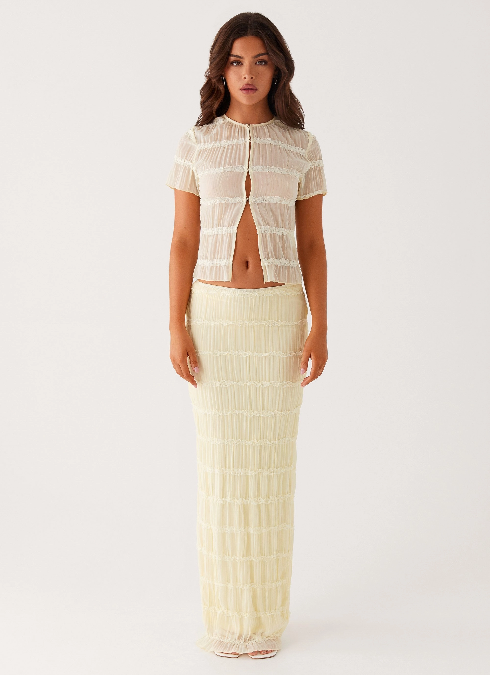 Daydreaming Low Rise Maxi Skirt - Yellow Metallic Finish