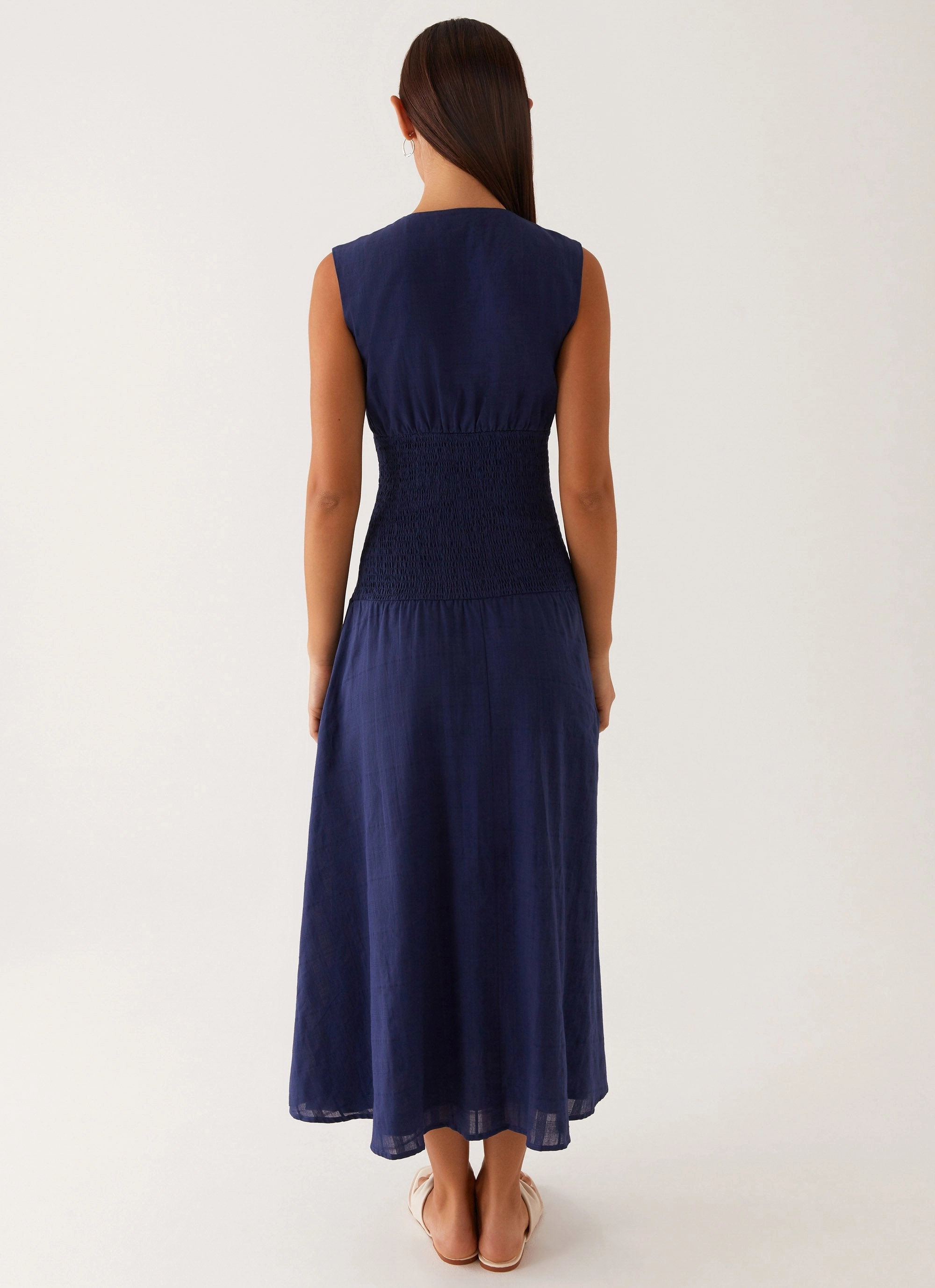 Belle Shirred Waist Midi Dress - Navy Relax Layers