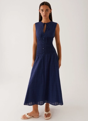 Modest Cut Belle Shirred Waist Midi Dress - Navy