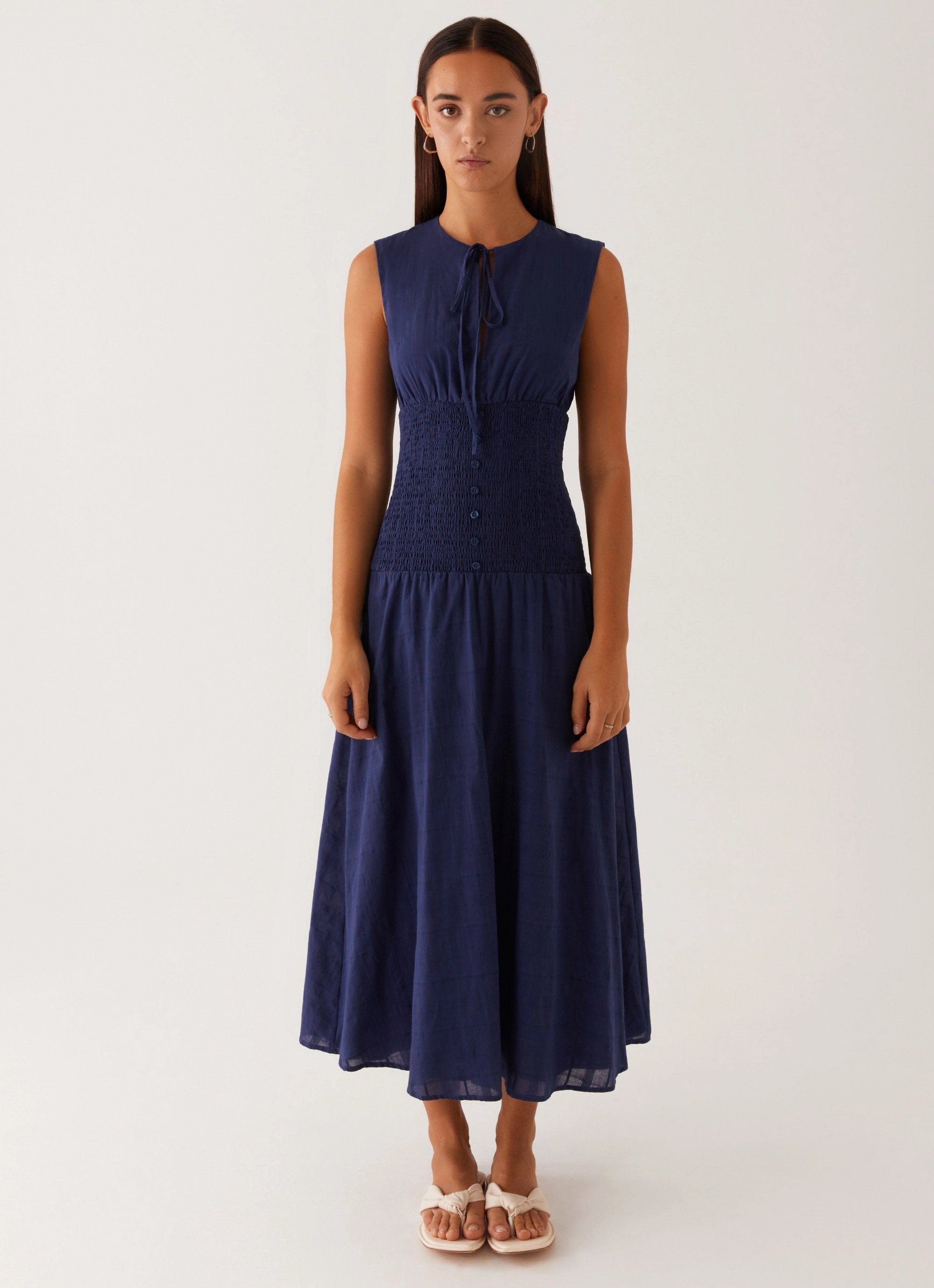 SeamlessConstruction Season Ready Belle Shirred Waist Midi Dress - Navy