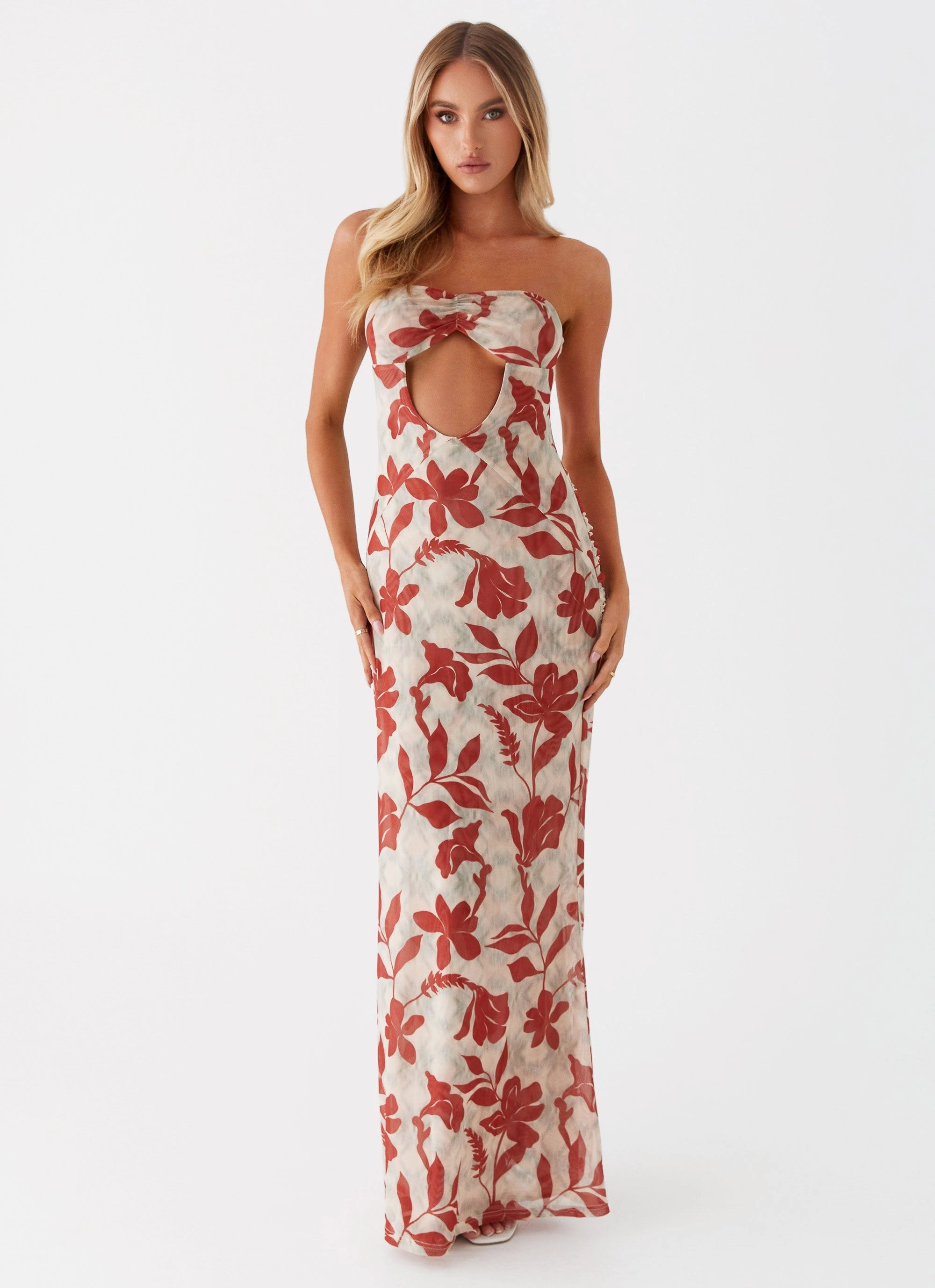 Flared shape Versatile Cut Dearest Maxi Dress - Red Green Floral