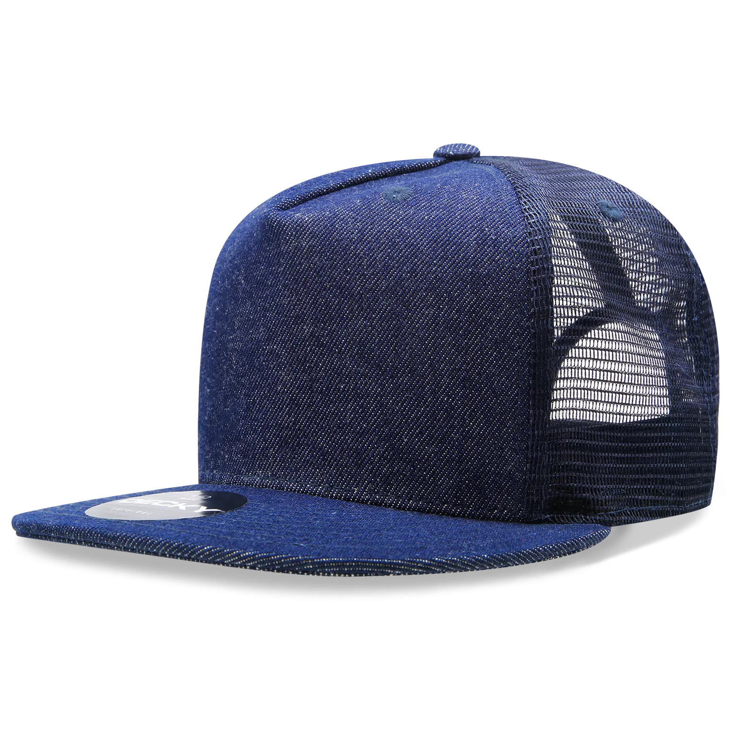 Decky 1082 5 Panel Denim Trucker Hat, Flat Bill Mesh Back Cap